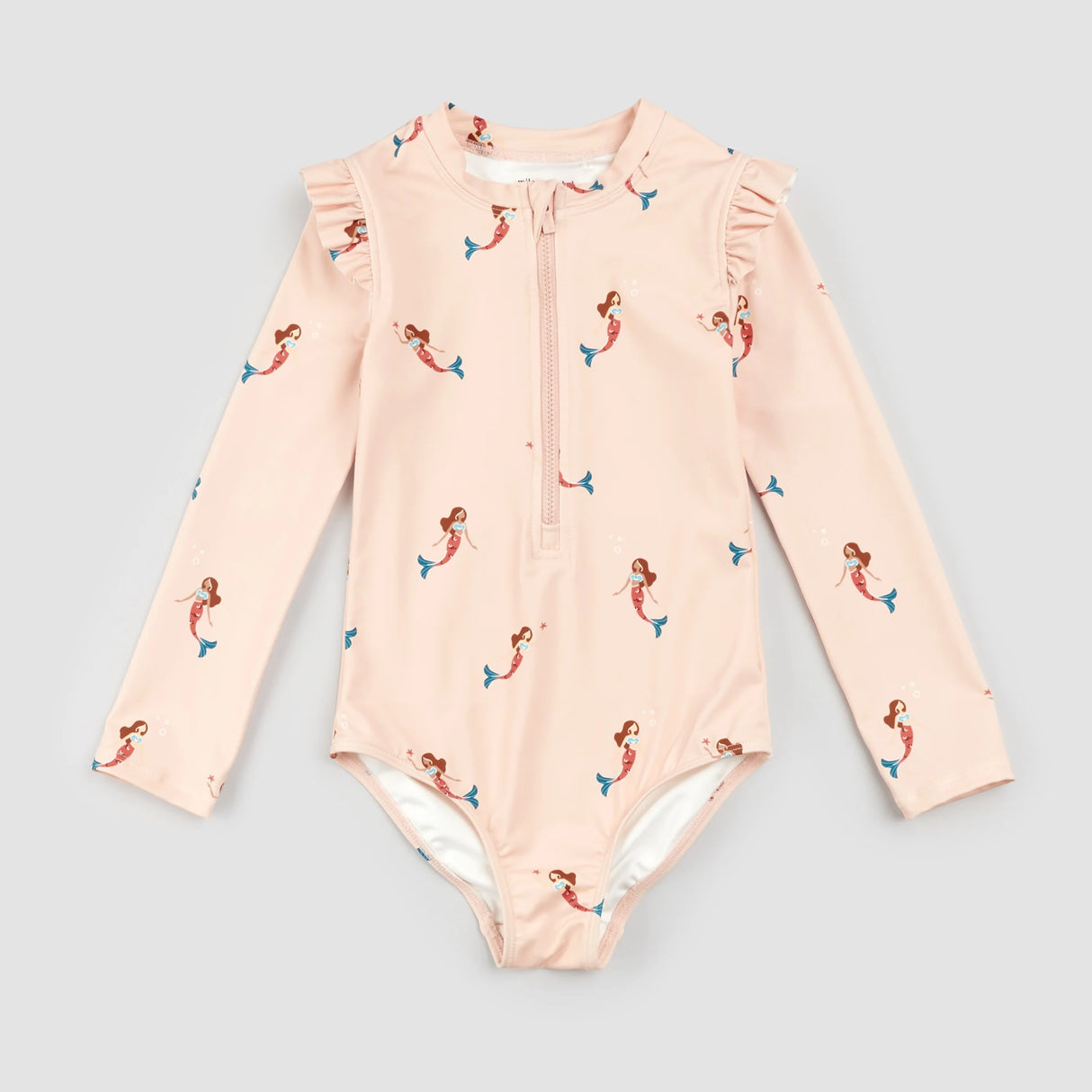 Mermaid Print on Coral Long-Sleeve Swimsuit | Miles The Label