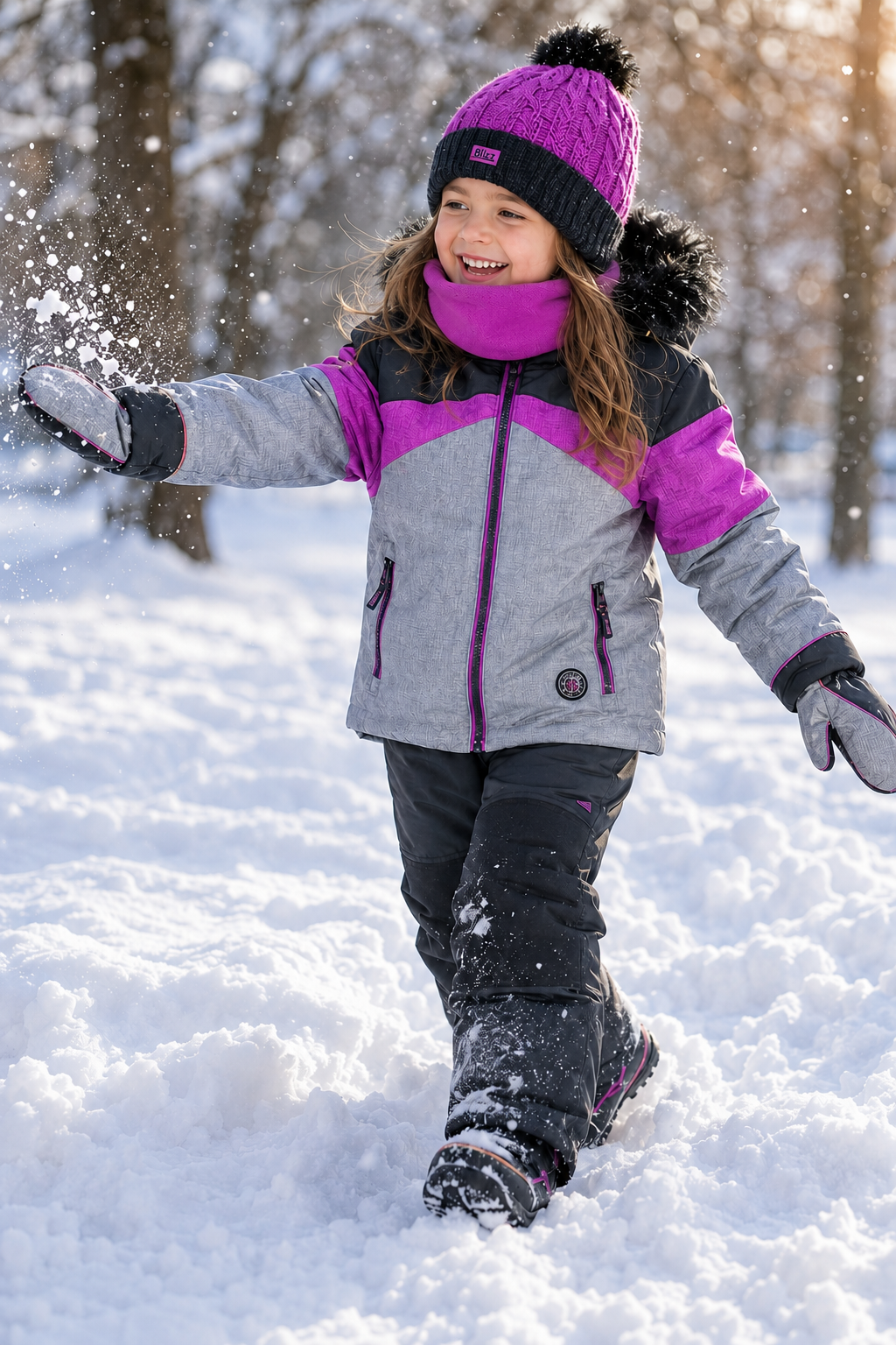 Blizz girls 5-piece snowsuit set in Beautyberry with jacket, snow pants, toque, neck warmer, and mitts.
