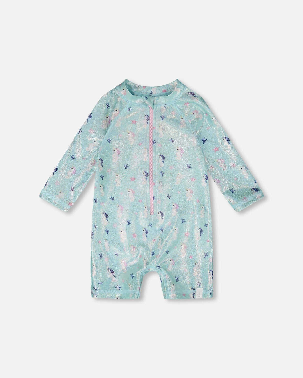 Front flat lay of Deux par Deux baby girl long sleeve one-piece swimsuit in blue seahorse print
