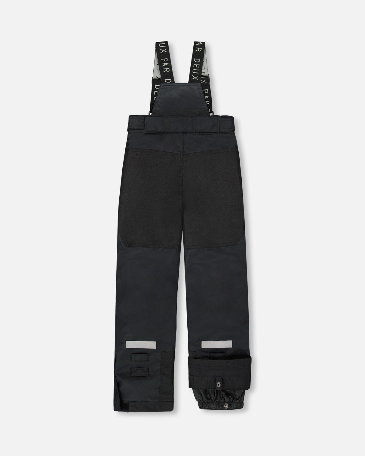 Black bib snow pants – back view with waterproof zippers and snow gaiters