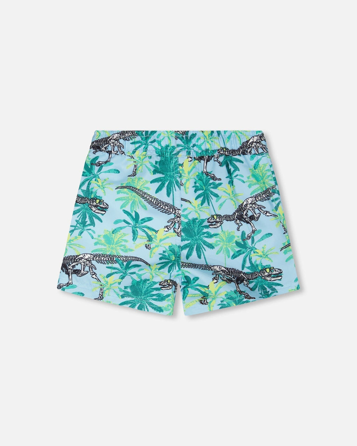 Side and back view of blue dinosaur skeleton boardshorts for boys