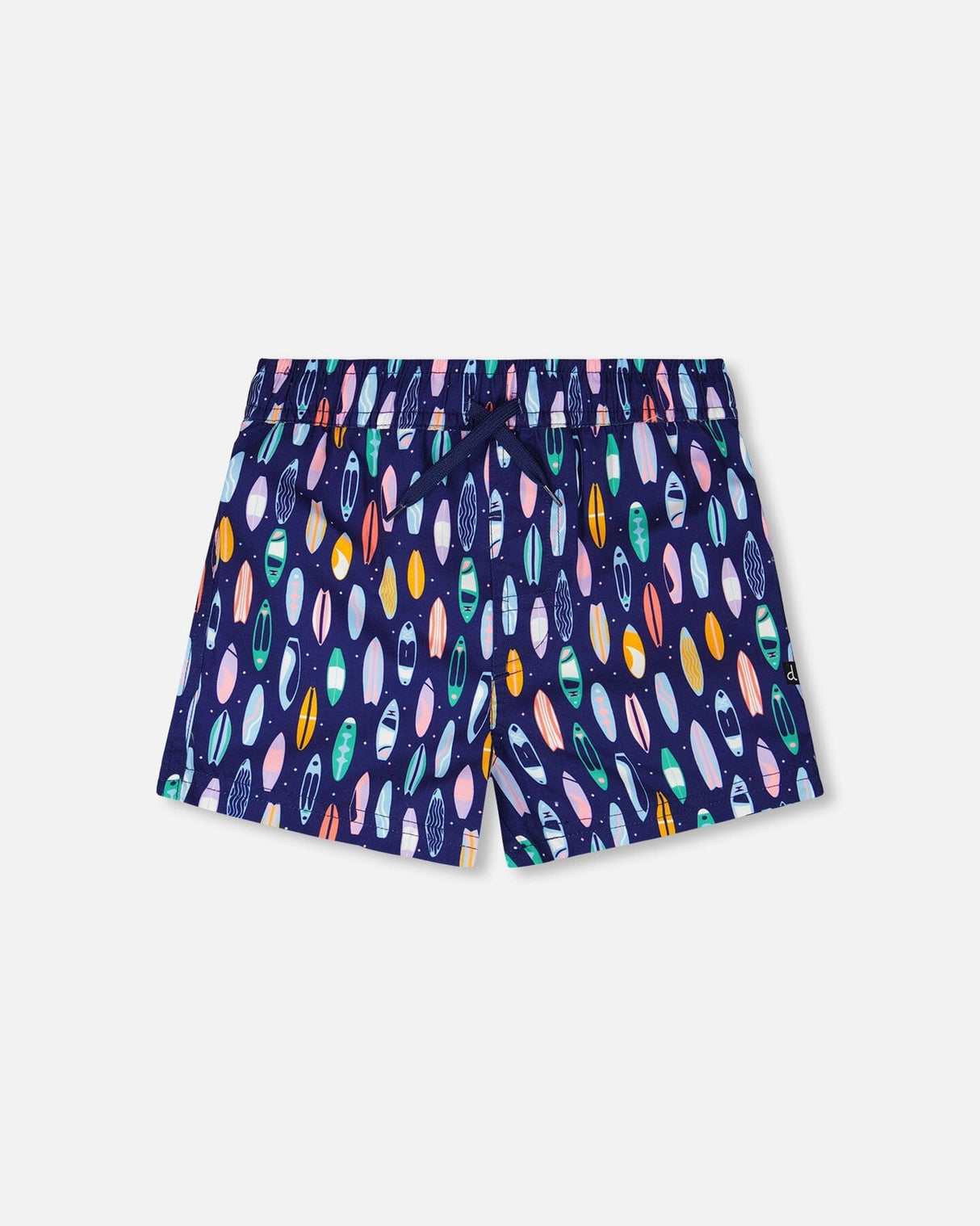 Front flat lay of Deux par Deux boy boardshorts in blue surfboard print