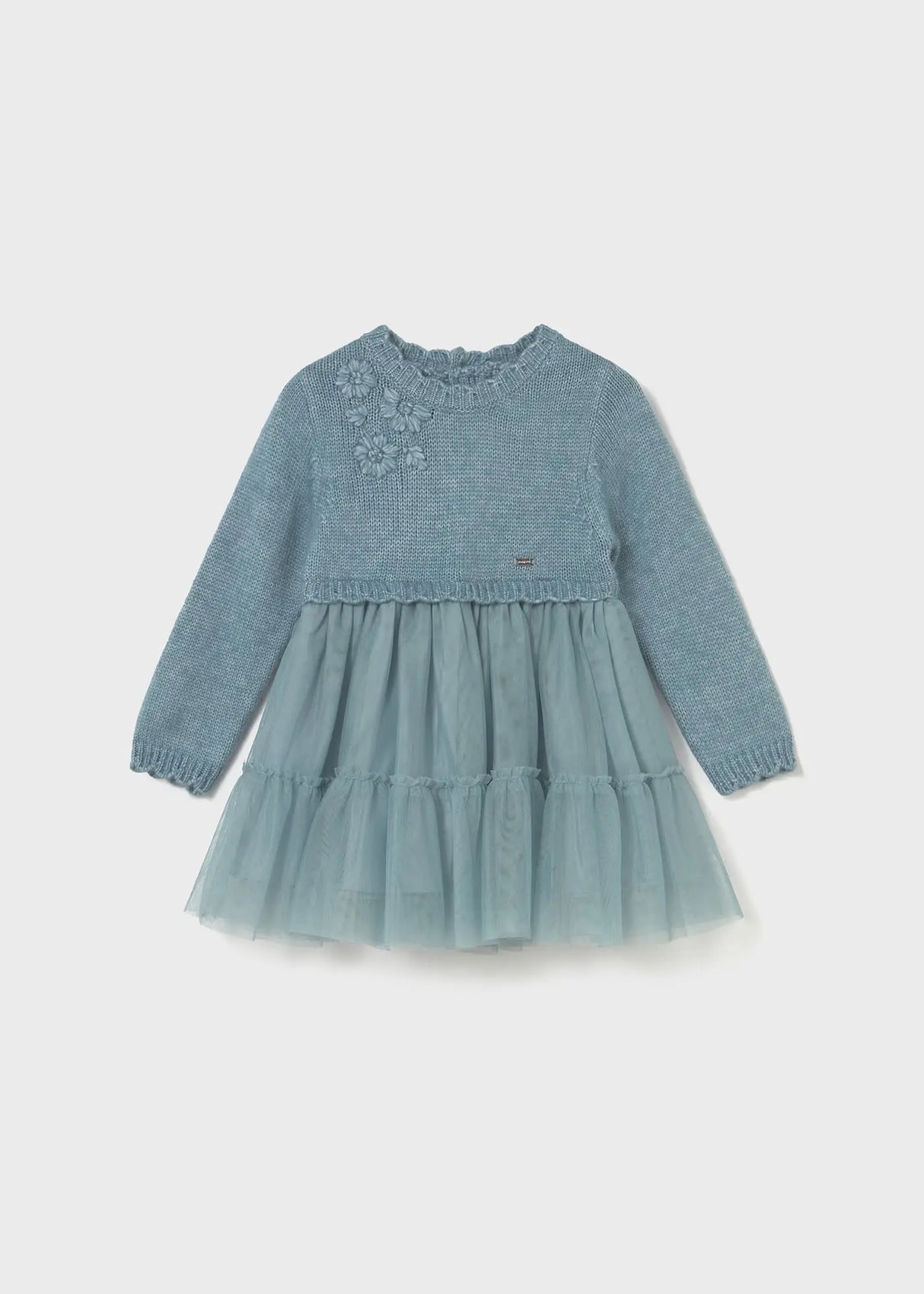 Front flat lay of Mayoral baby knit and tulle dress in soft blue-green with waved collar