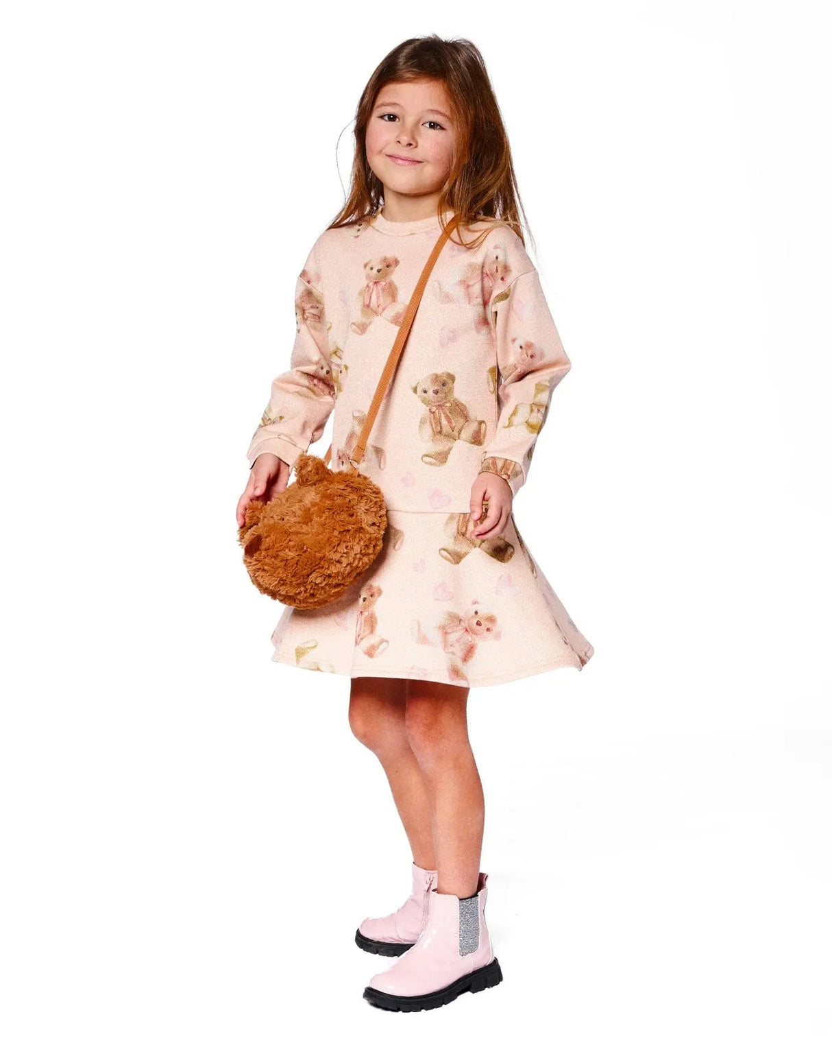 Glittering French Terry Dress Beige Teddy Bear Print | Deux par Deux | Jenni Kidz