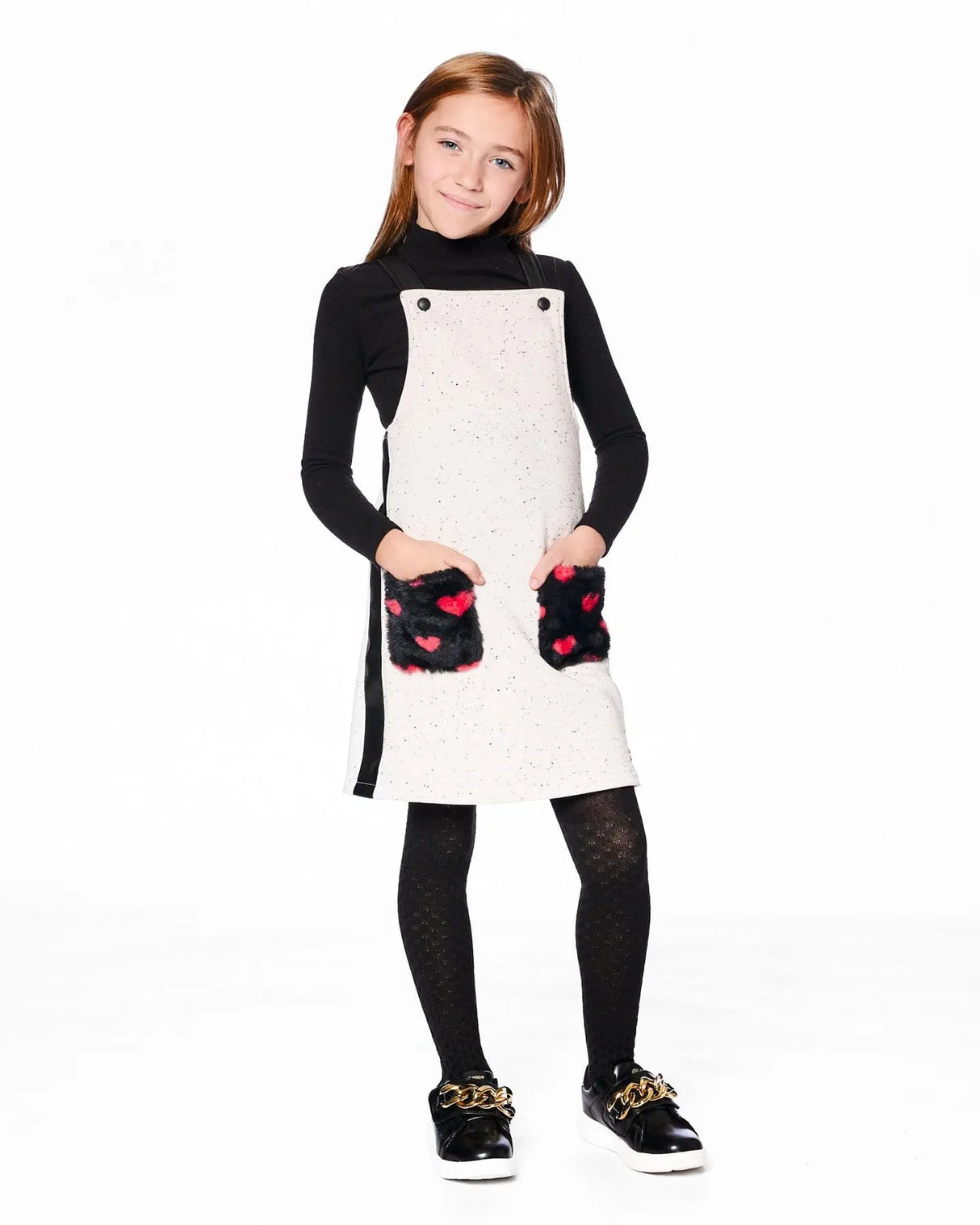 Glittering French Terry Overall Dress Beige And Black | Deux par Deux | Jenni Kidz