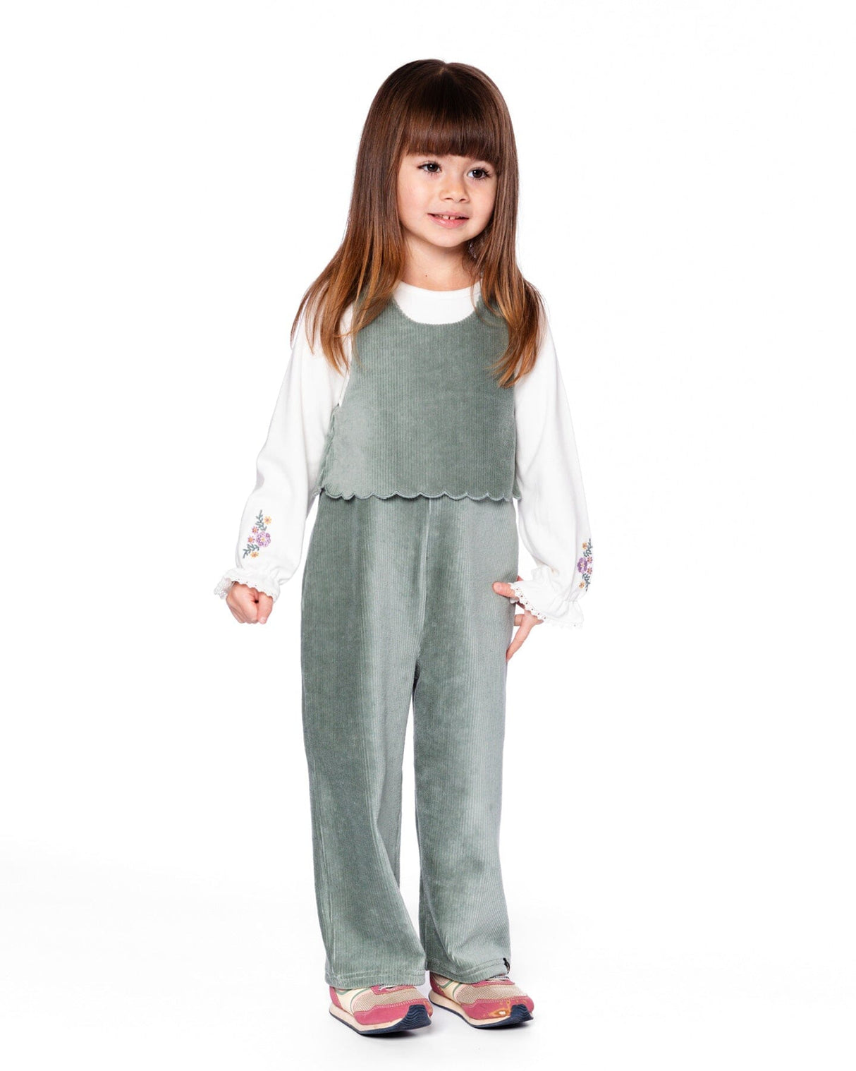 Stretch Velour Faux-Layered Overalls Jade Green-2