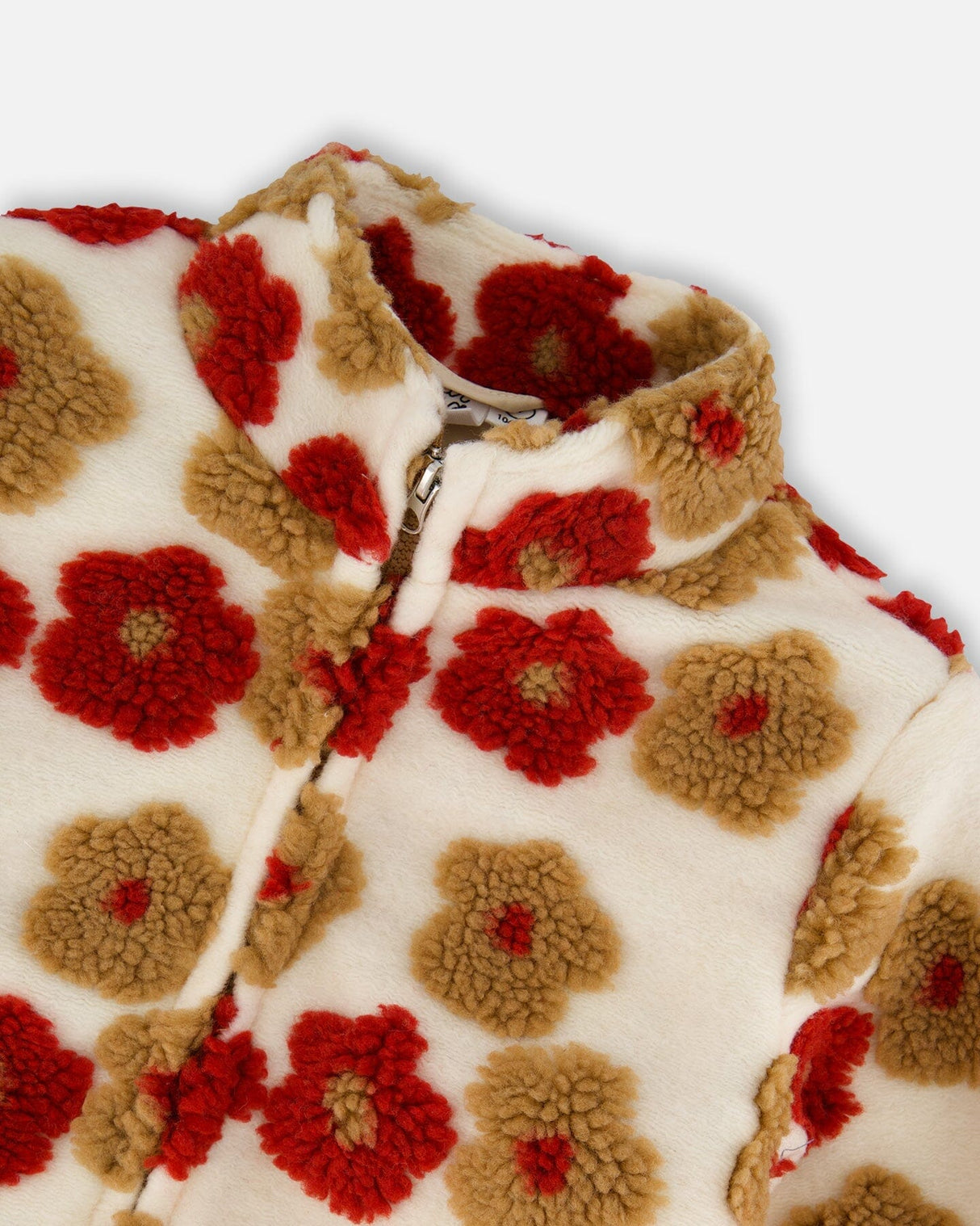 Full Zip Sherpa Jacket With Jacquard Floral Pattern Beige And Red-3