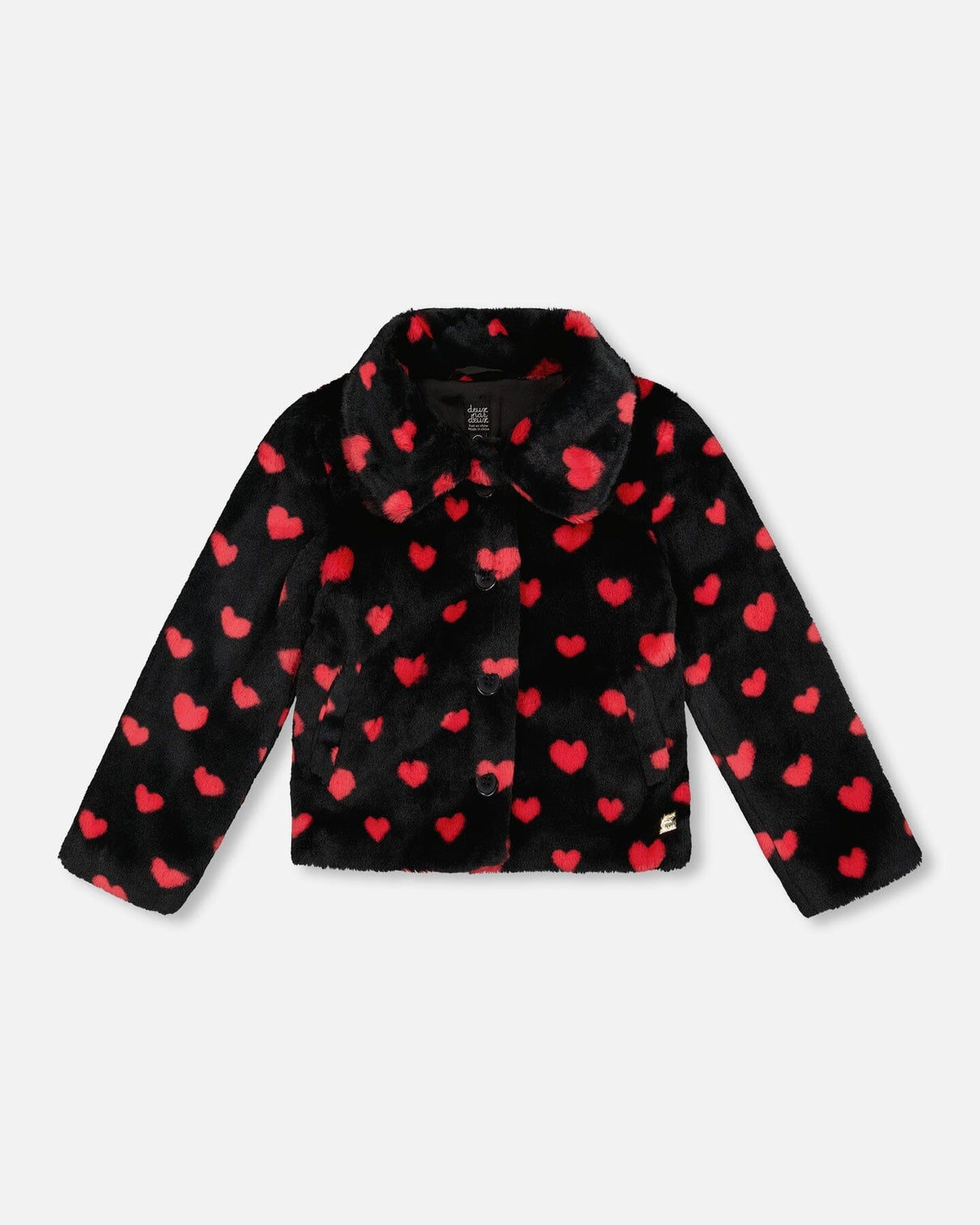 Faux Fur Short Coat Black And Red With Hearts-0