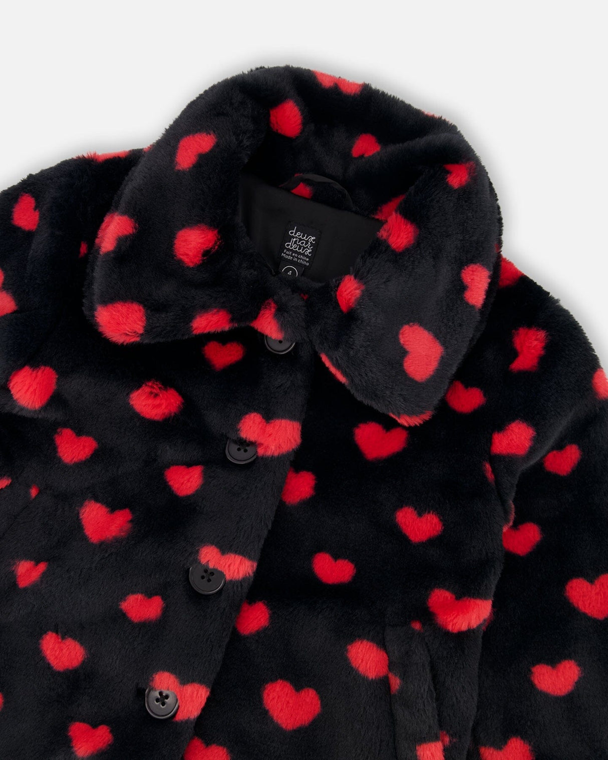 Faux Fur Short Coat Black And Red With Hearts-3