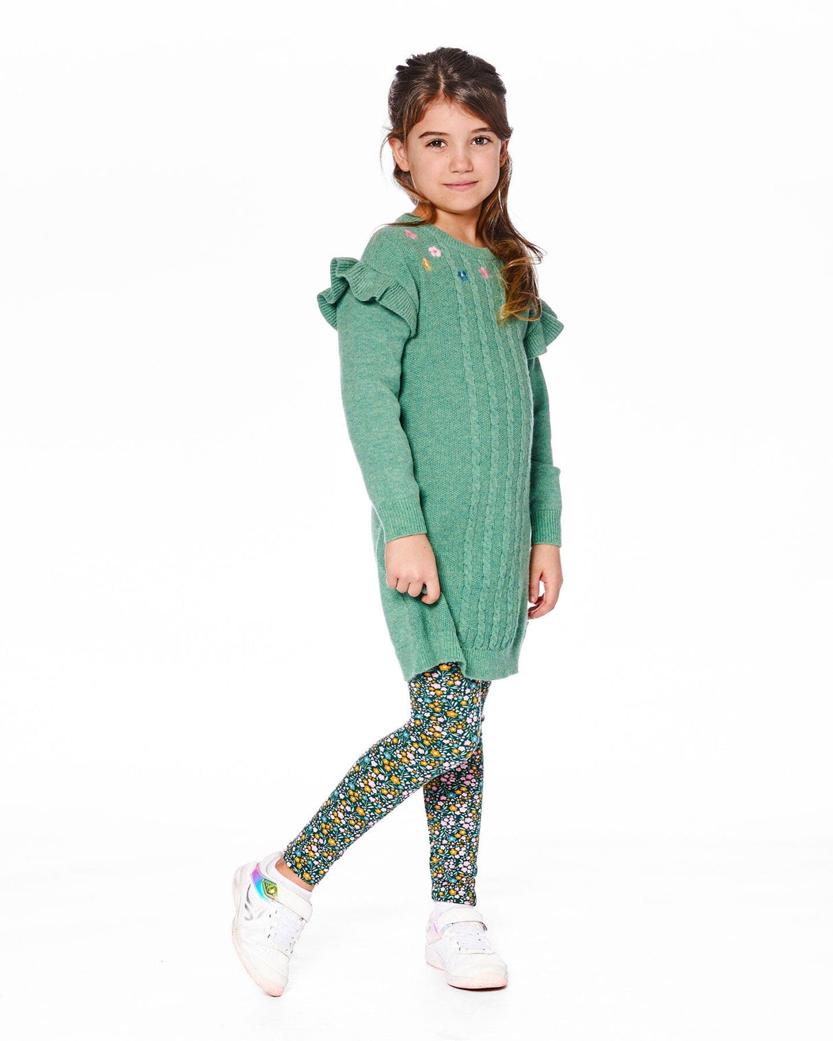 Knitted Dress Sage Green With Ruffles And Floral Embroidery-1