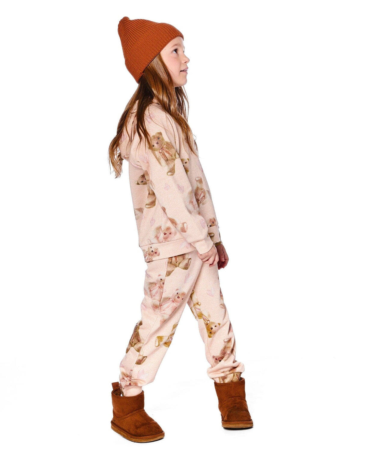 Glittering French Terry Hoodie Beige Teddy Bear Print-1