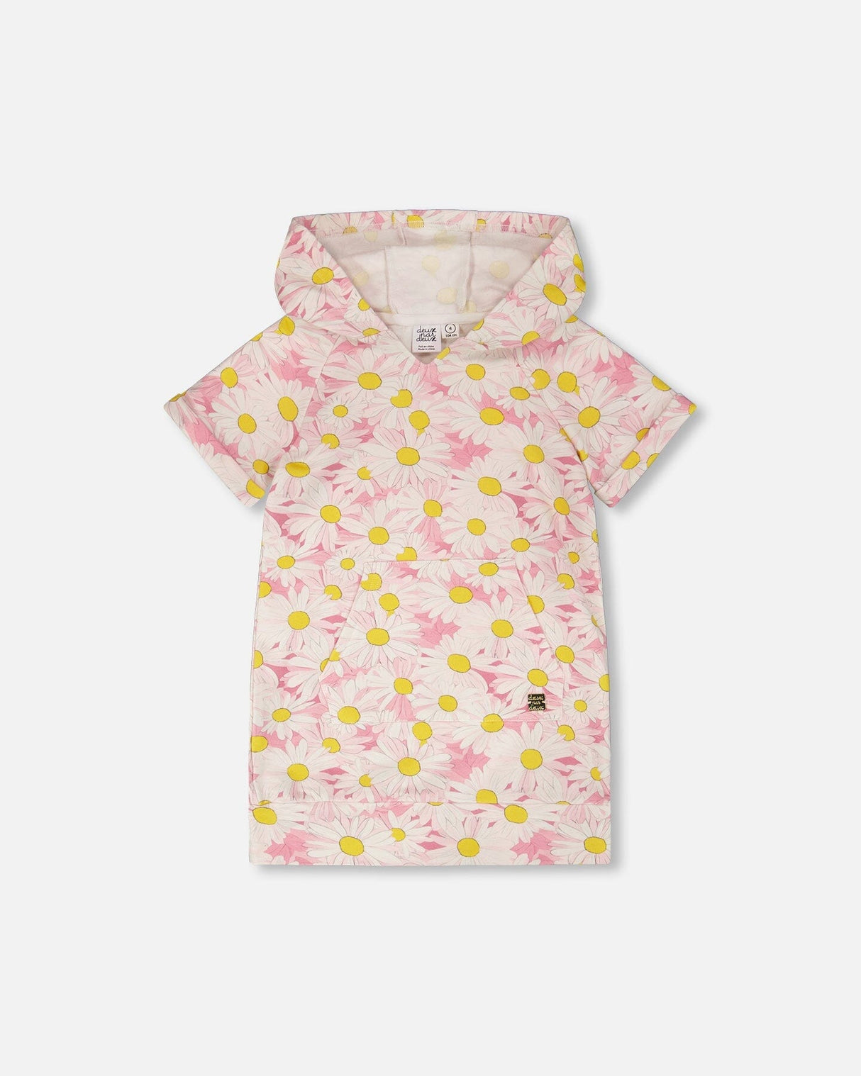 French Terry Hooded Dress Pink Printed Daisies-0