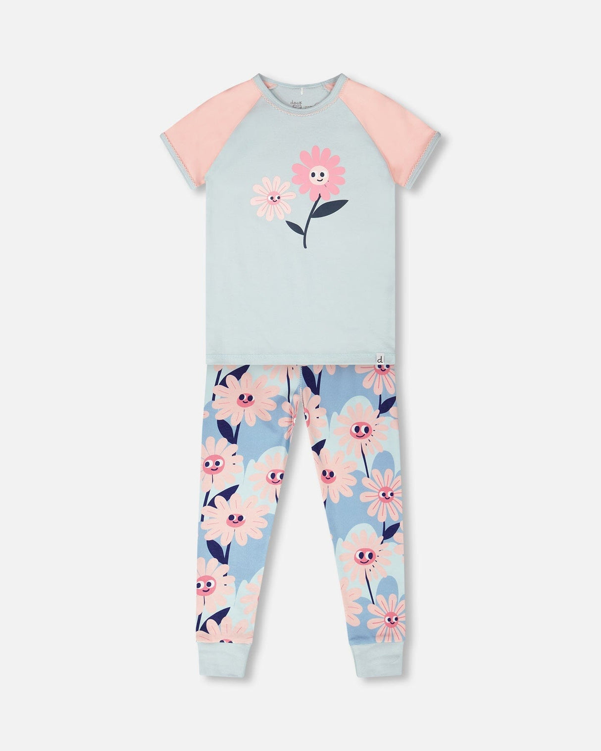Organic Cotton Two-Piece Pyjama Set Blue Smiling Flower Print-0