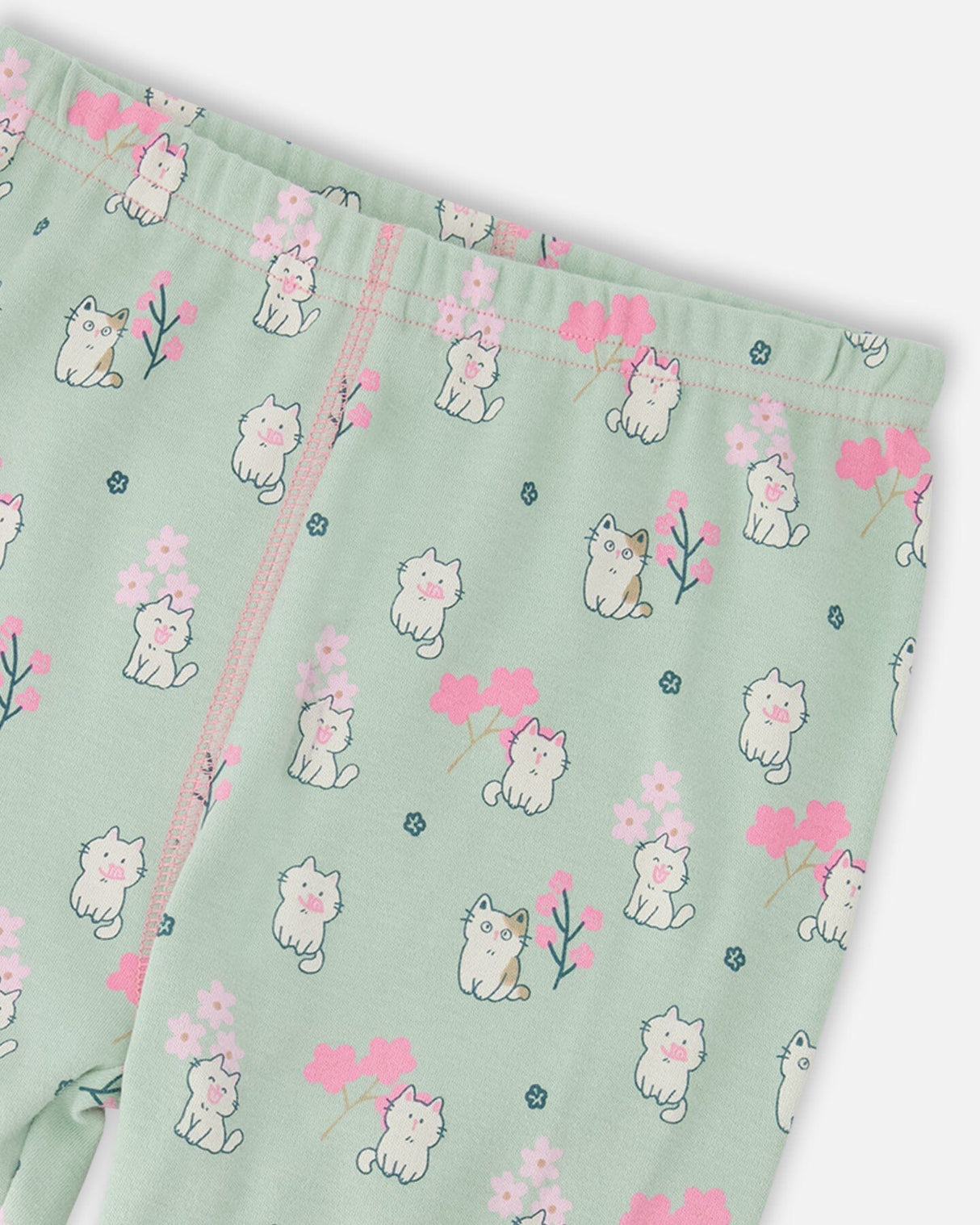Organic Cotton Two-Piece Pyjama Set Green Kitten Print-4