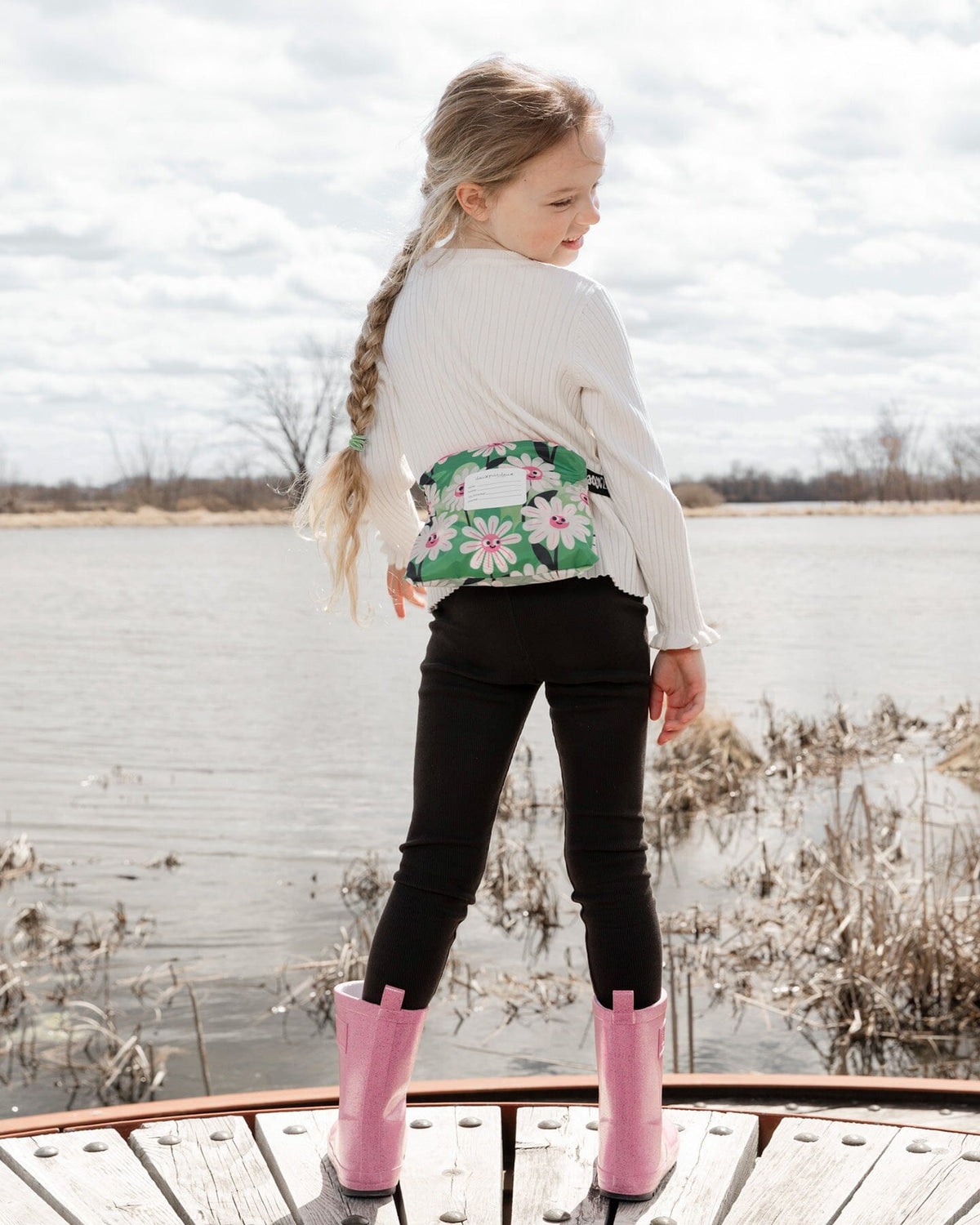 Deux par Deux green packable windbreaker with smiling flower print, view 6