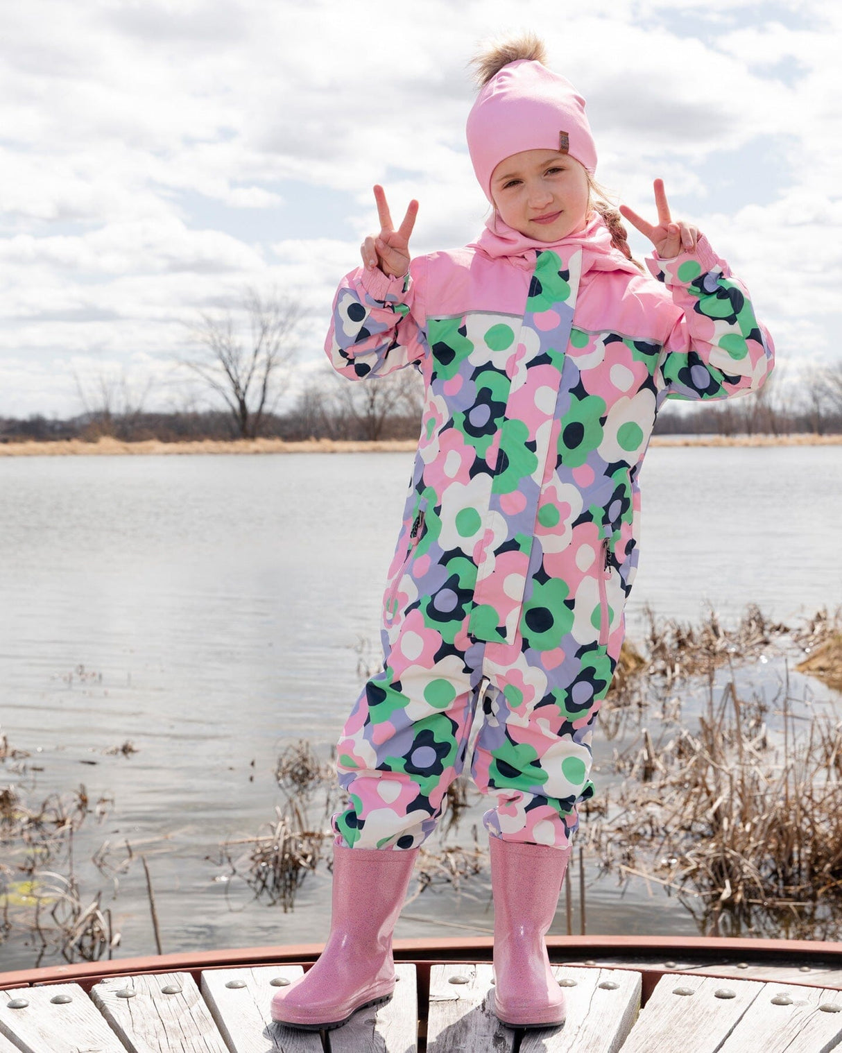 Kids Mid-Season One-Piece Outerwear Black Printed Flowers-1