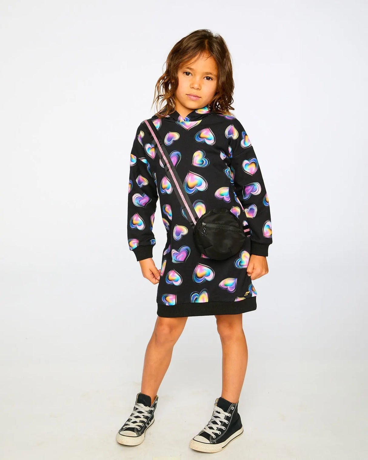 Hooded Fleece Dress Black And Multicolor With Trompe-L’Œil Bag Detail | Deux par Deux | Jenni Kidz