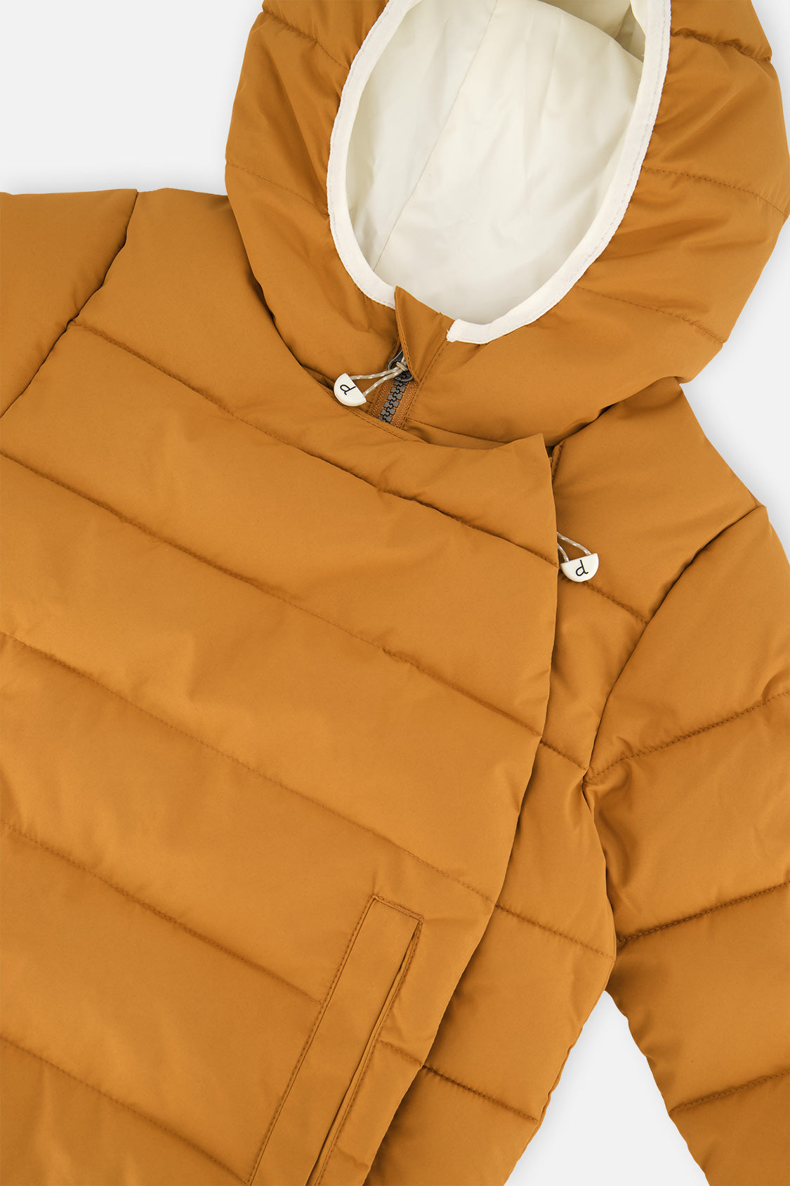 Close-up of the brown sugar jacket hood lining and snap front panel