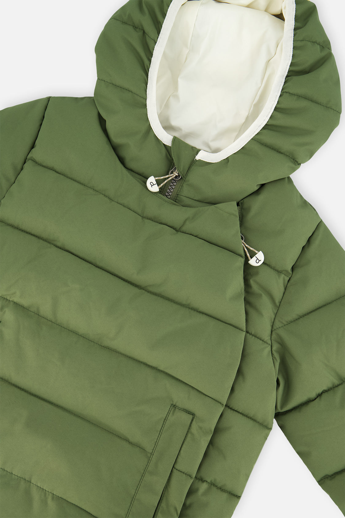 Close-up of the olive green jacket hood lining and snap front panel