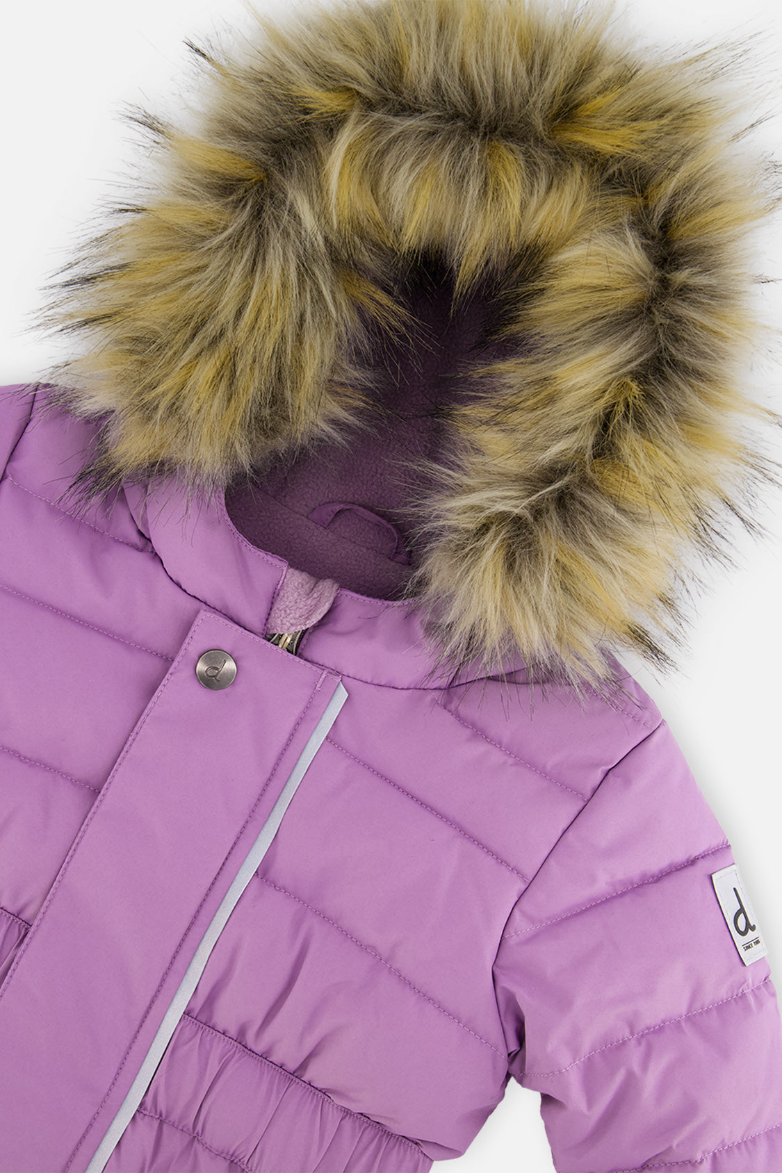 Deux par Deux baby girls' ORIGINAL puffy one-piece snowsuit in violet, another studio view