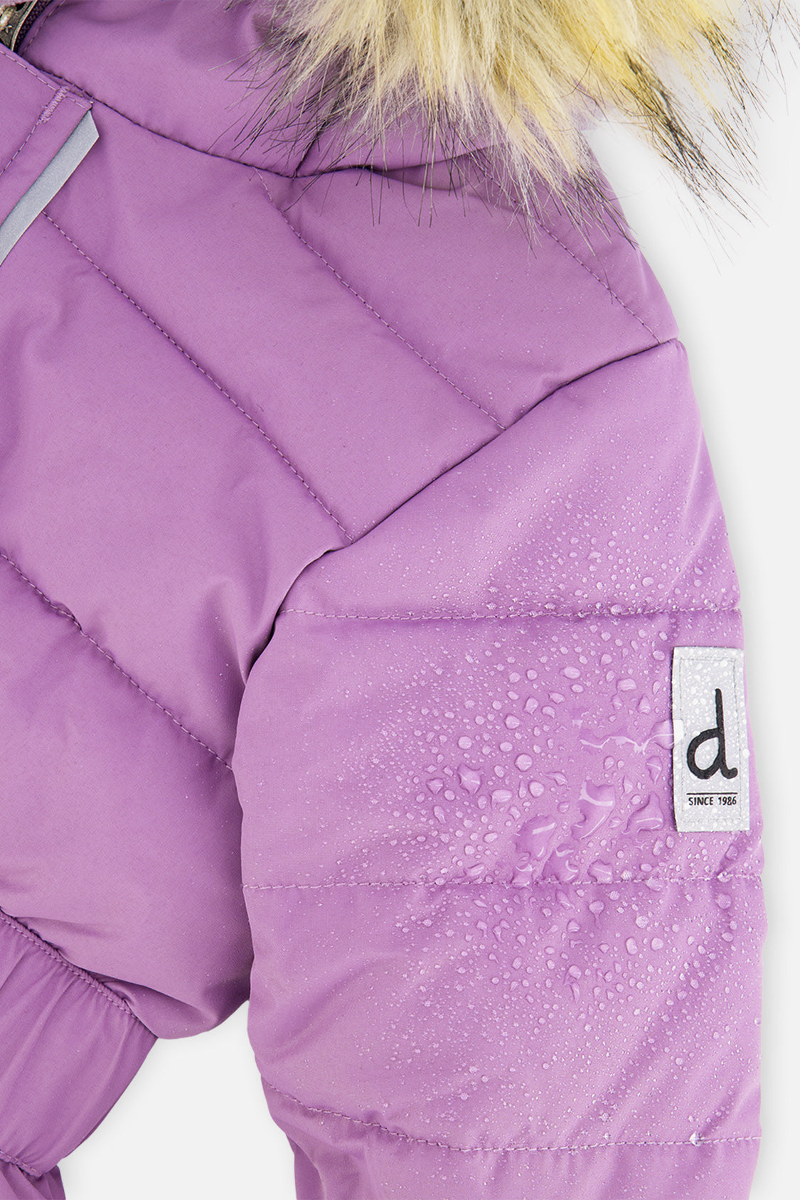 Deux par Deux baby girls' ORIGINAL puffy one-piece snowsuit in violet, further studio view