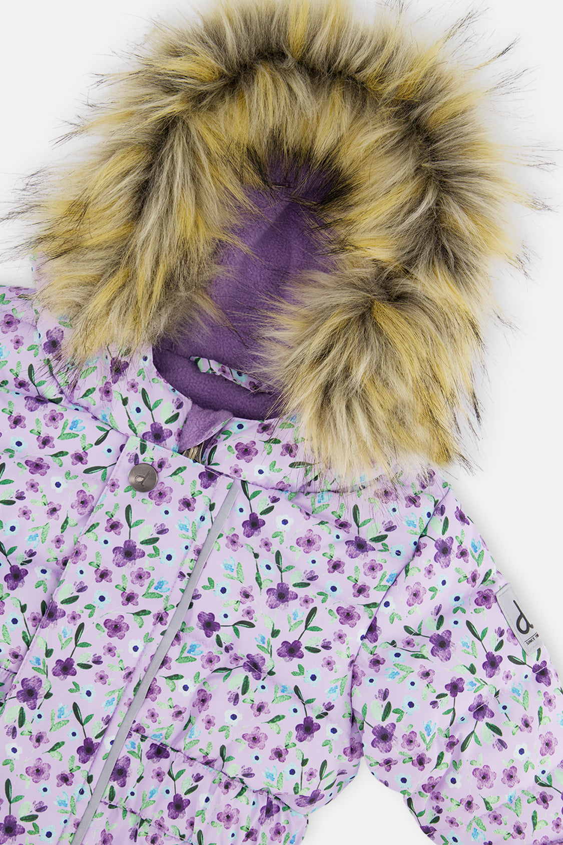 Deux par Deux Baby Original One Piece Puffy Snowsuit With Removable Mittens And Boots Purple Printed Mini Flowers