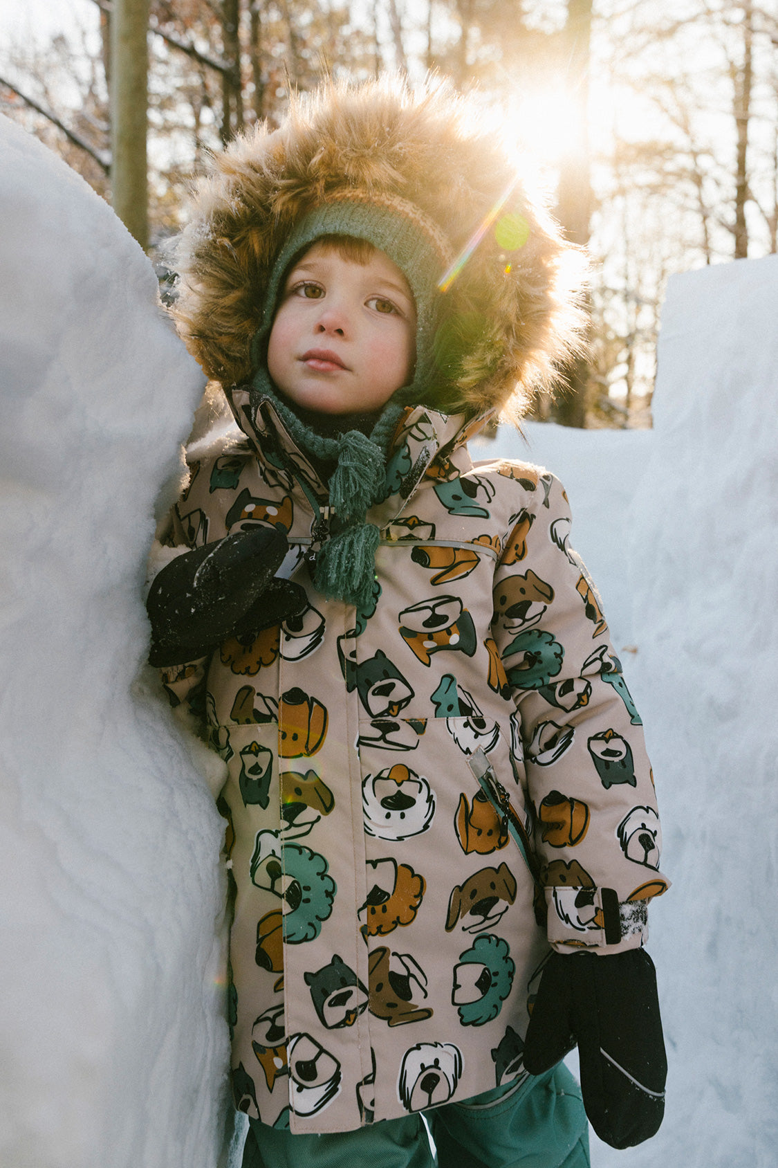 Deux par Deux Two Piece Discover Snowsuit Beige Printed With Dogs lifestyle view