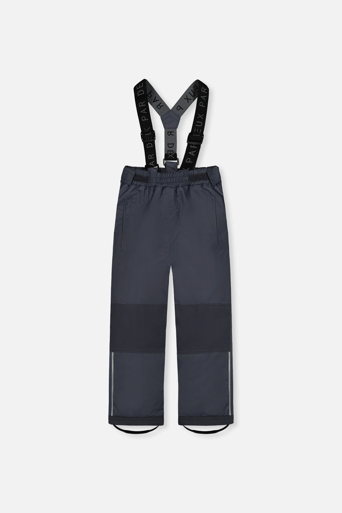 Deux par Deux charcoal CHILL snow pants with suspenders, front view