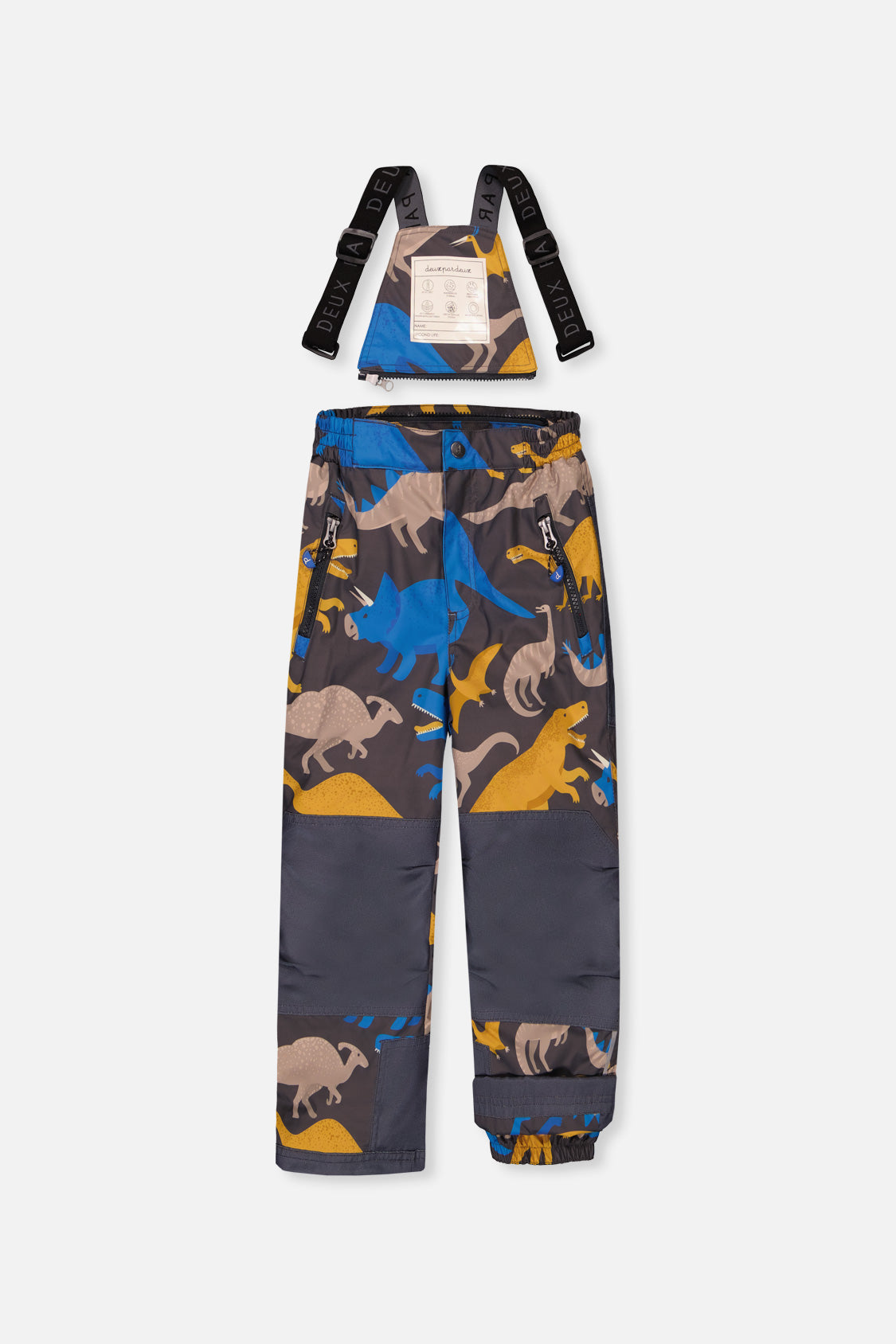 Deux par Deux boys' PLAY snowsuit with colorblock jacket and grey and blue dinosaur-print pants, additional product view
