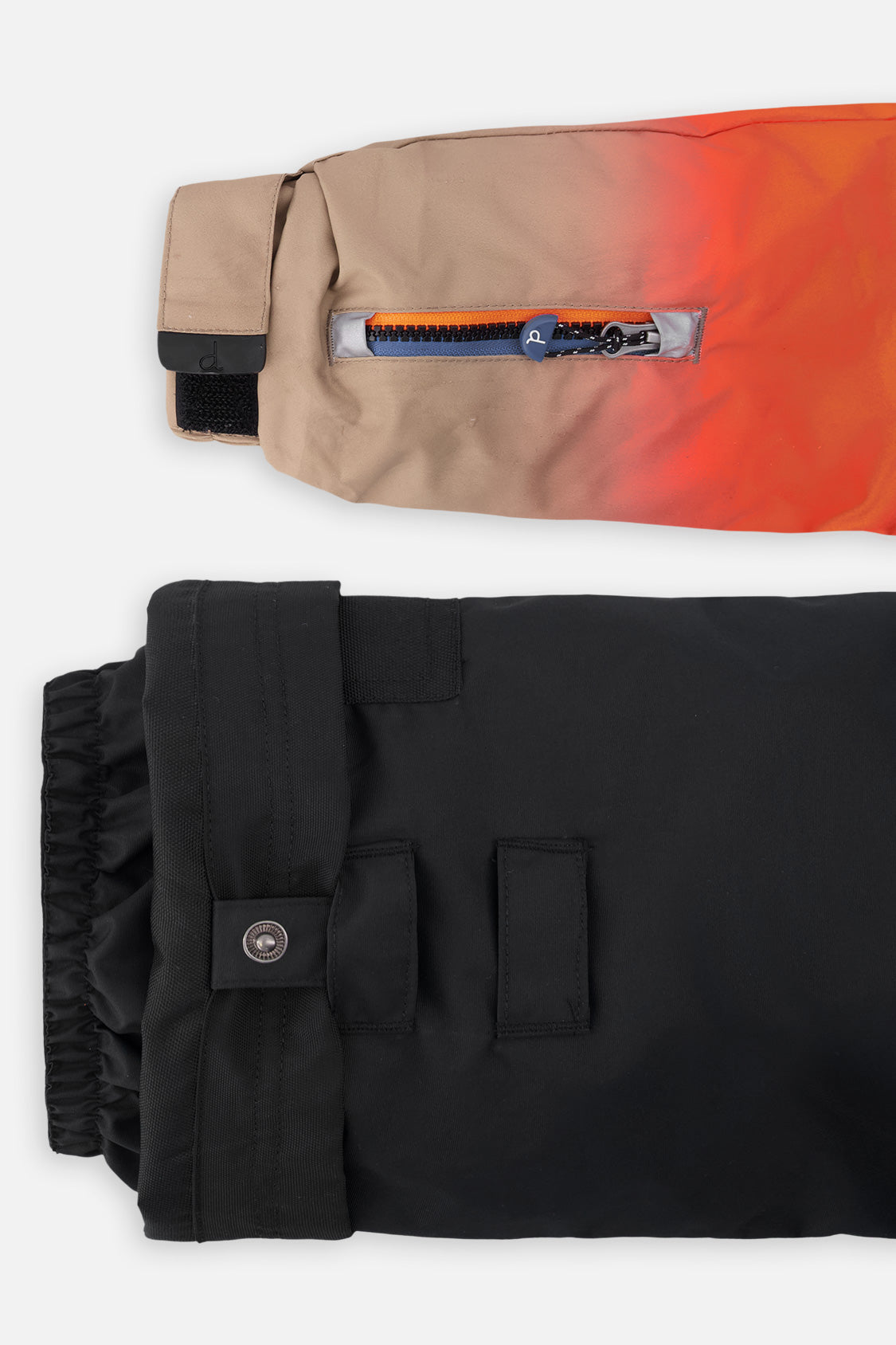 Deux par Deux boys' PLAY snowsuit, blue and orange gradient jacket with black pants, alternate studio shot