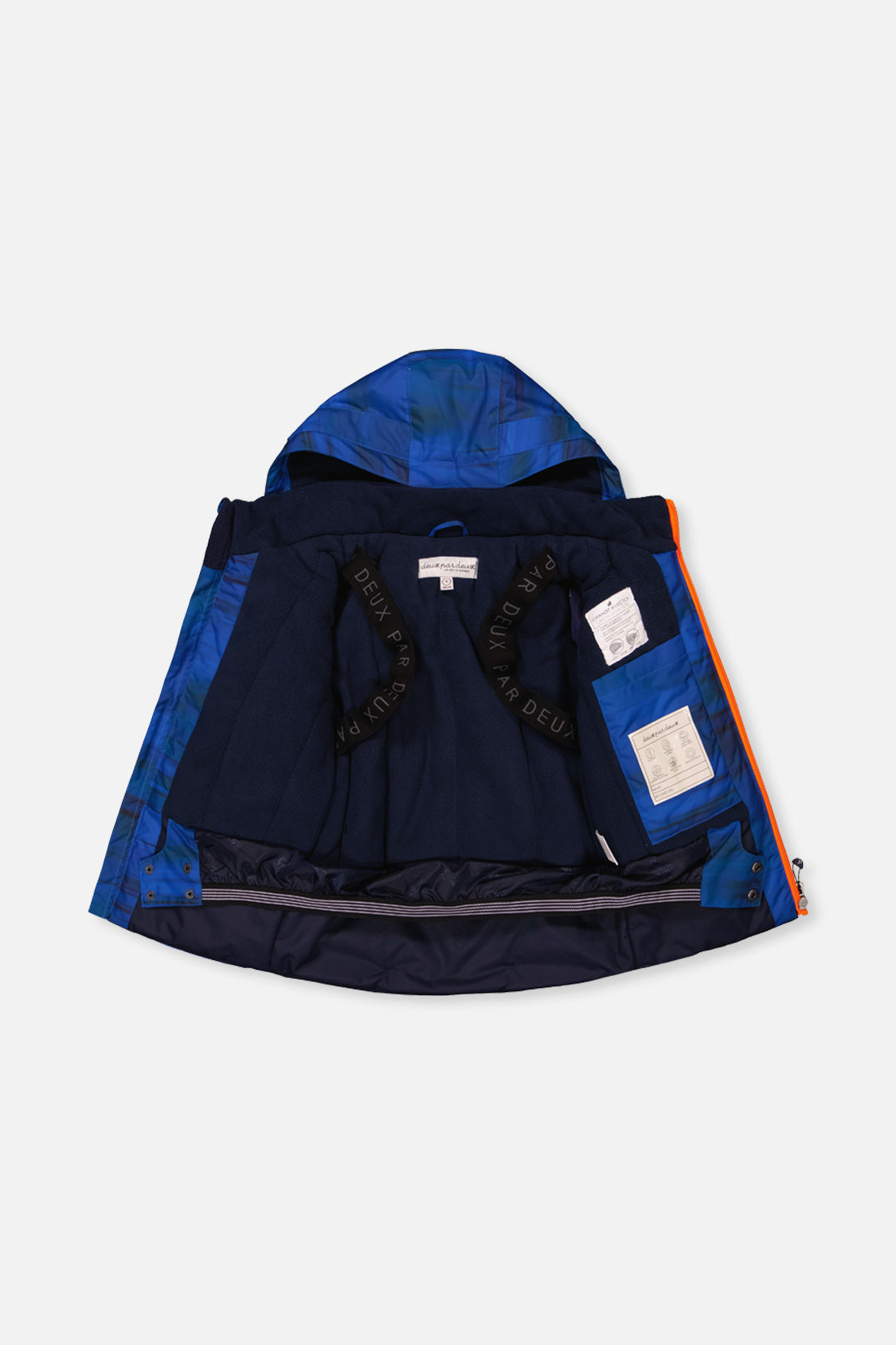 PLAY jacket opened to show the navy fleece lining and inner straps