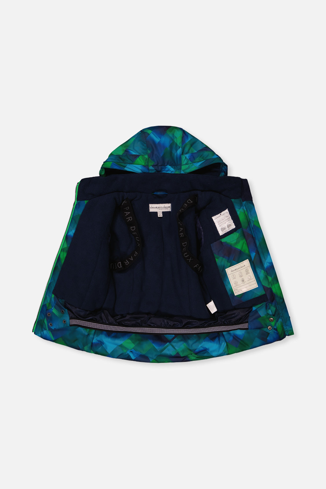 Deux par Deux checkered PLAY jacket opened to show the navy lining and inner straps