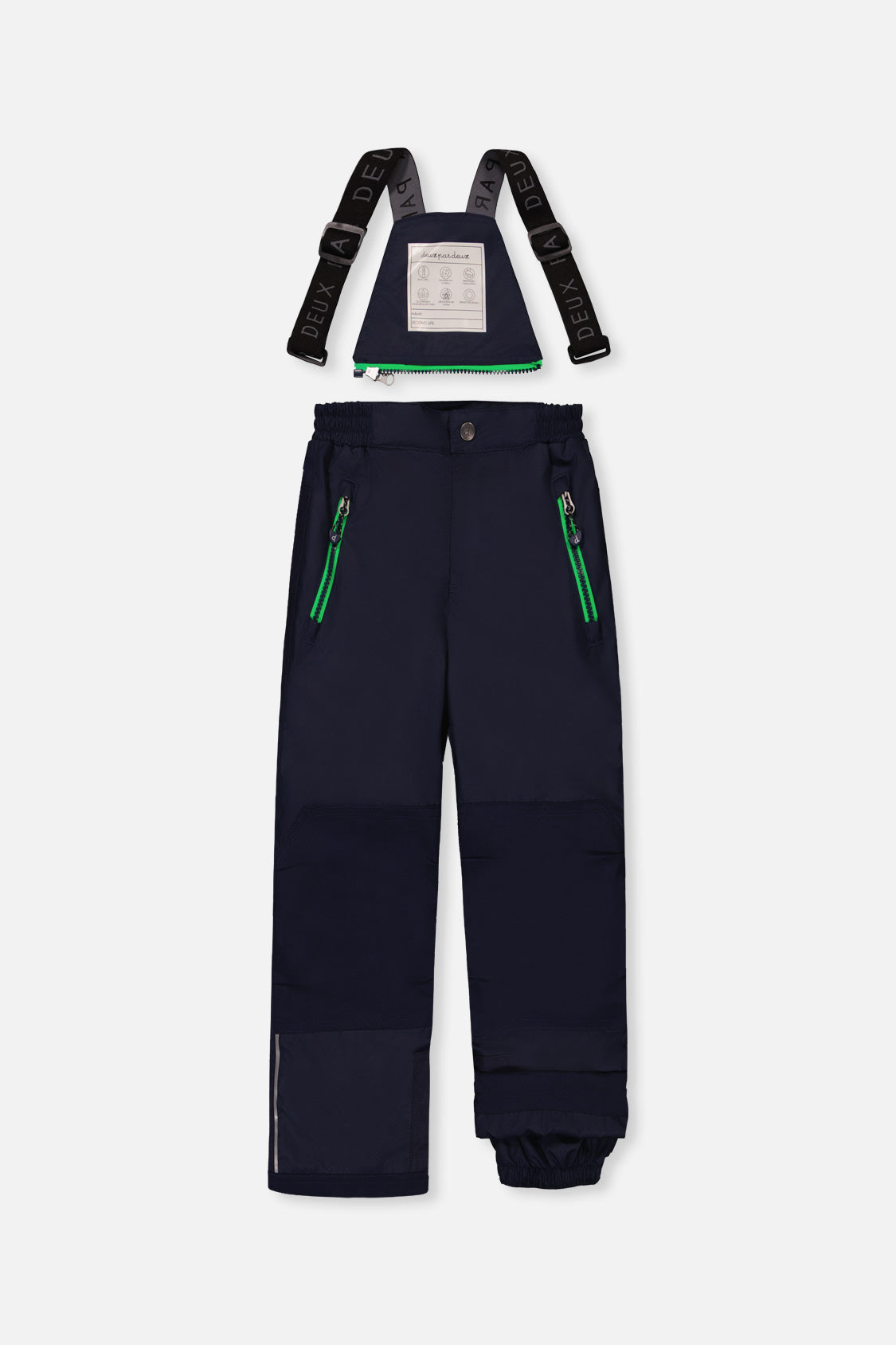 Deux par Deux navy PLAY bib snow pants with suspenders and green zip pockets, front view
