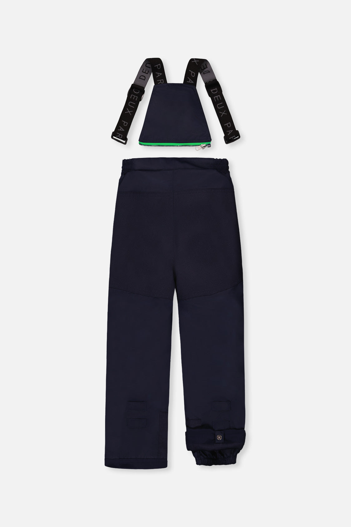 Deux par Deux navy PLAY bib snow pants with suspenders, back view