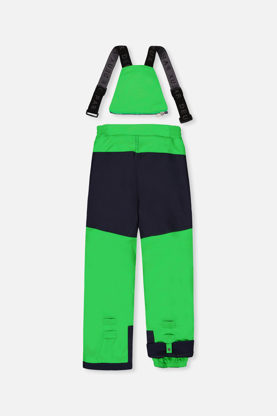 Deux par Deux green PLAY bib snow pants with navy reinforced seat, back view