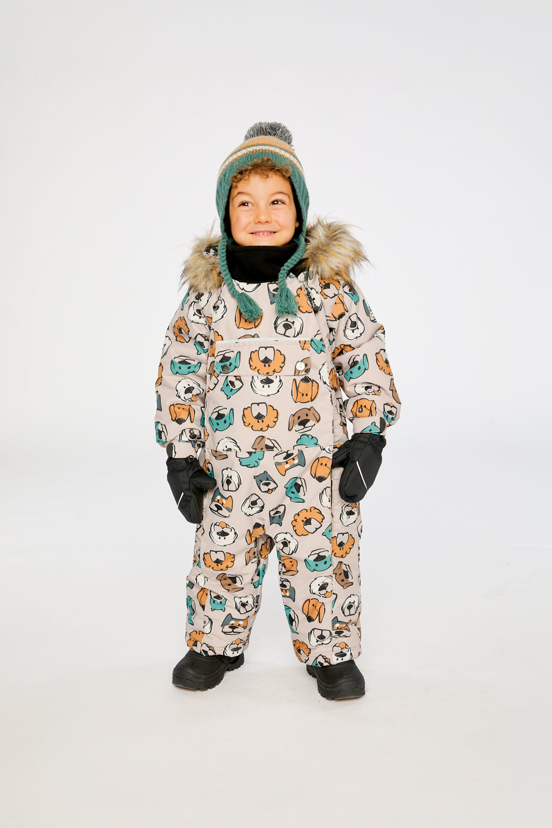 Baby One Piece Snowsuit Adapted For Car Seats Beige Dog Print-3