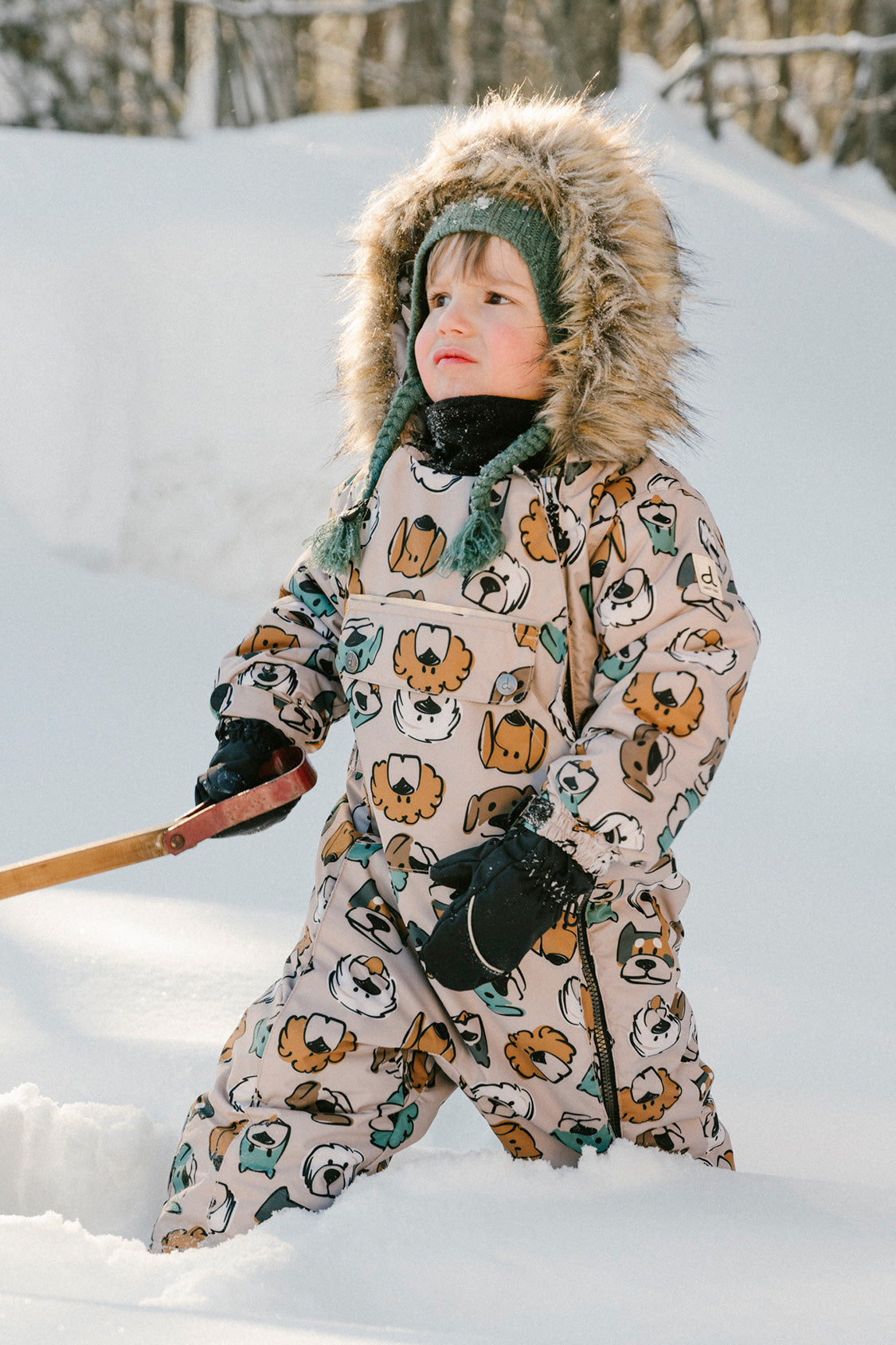 Baby One Piece Snowsuit Adapted For Car Seats Beige Dog Print-1