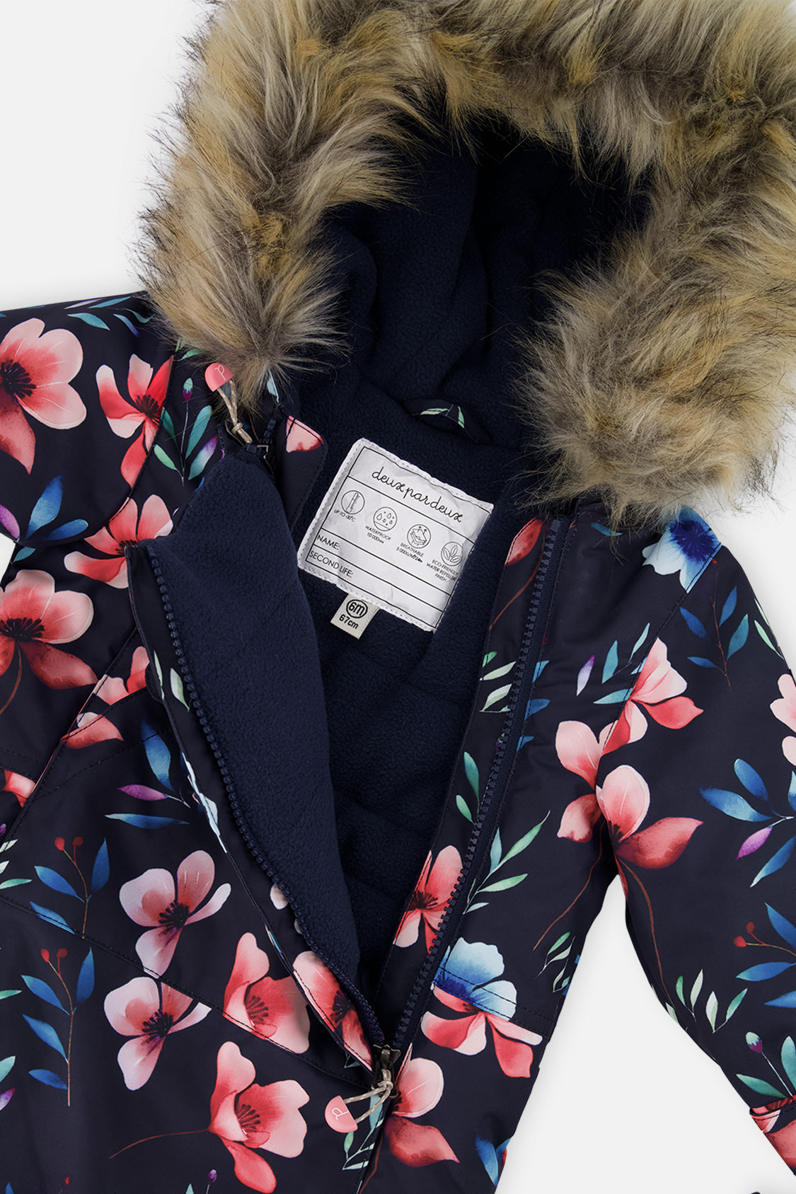 Deux par Deux Baby One Piece Snowsuit Adapted For Car Seats Blue Floral Print