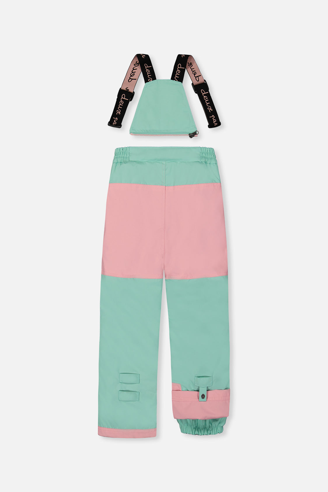 Deux par Deux girls PLAY snowsuit, multicolor line print – mint and pink snow pants, back view with suspenders off