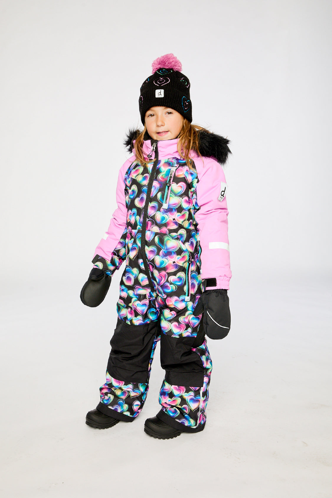 Kids One Piece Play Snowsuit Black Heart Print-2