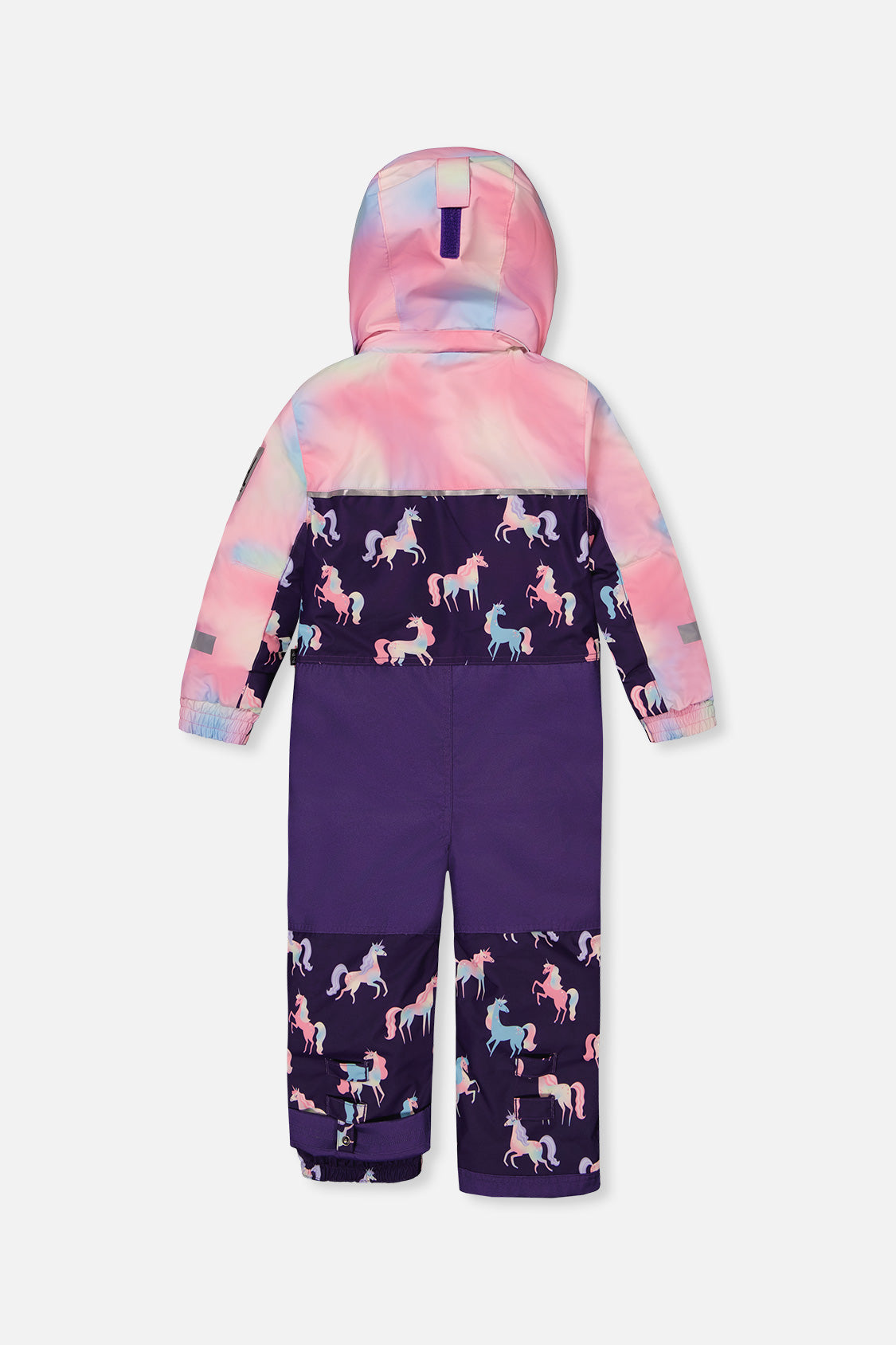 Deux par Deux girls' PLAY one-piece snowsuit, purple unicorn print, back view