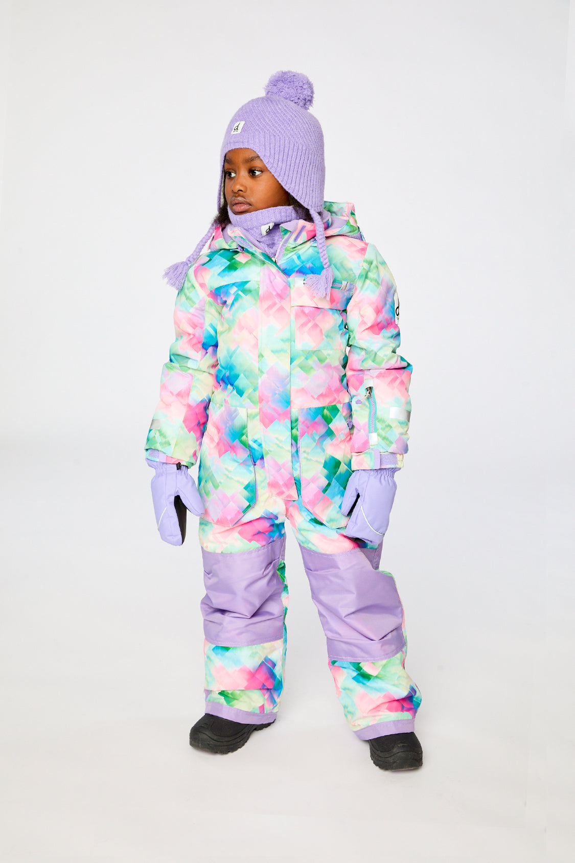 Kids One Piece Play Snowsuit Multicolor Diamond Print-1