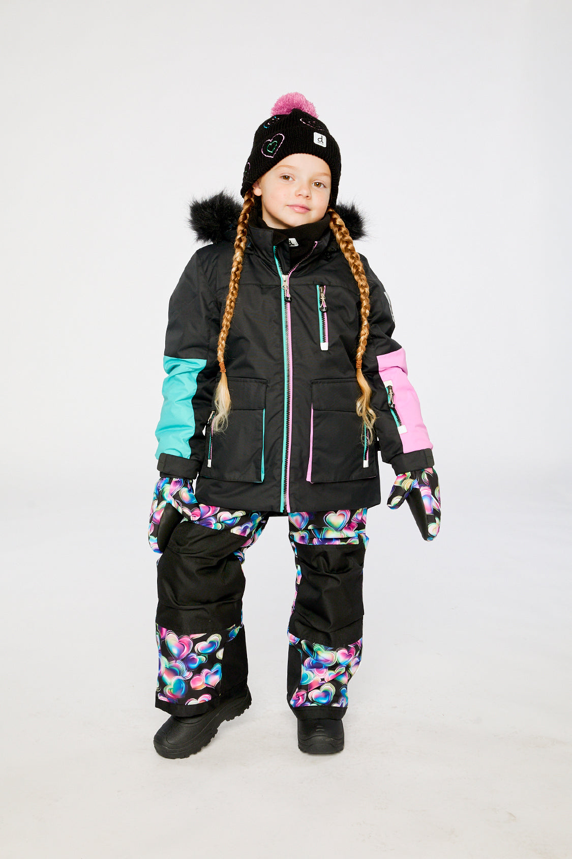 Two Piece Play Snowsuit Black, Blue And Pink Colorblock With Heart Print Pants-3