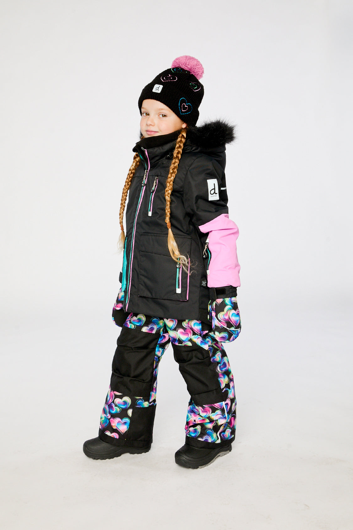 Two Piece Play Snowsuit Black, Blue And Pink Colorblock With Heart Print Pants-4