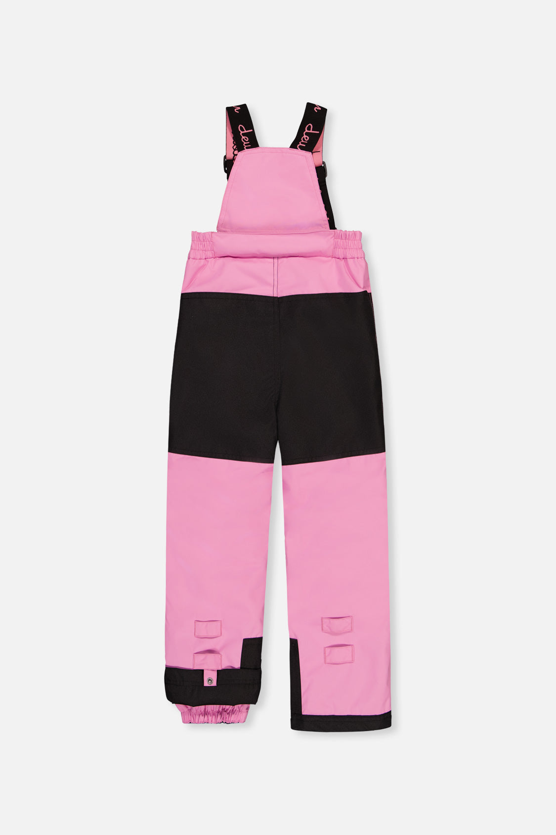 Deux par Deux pink PLAY bib snow pants with black reinforced seat, back view