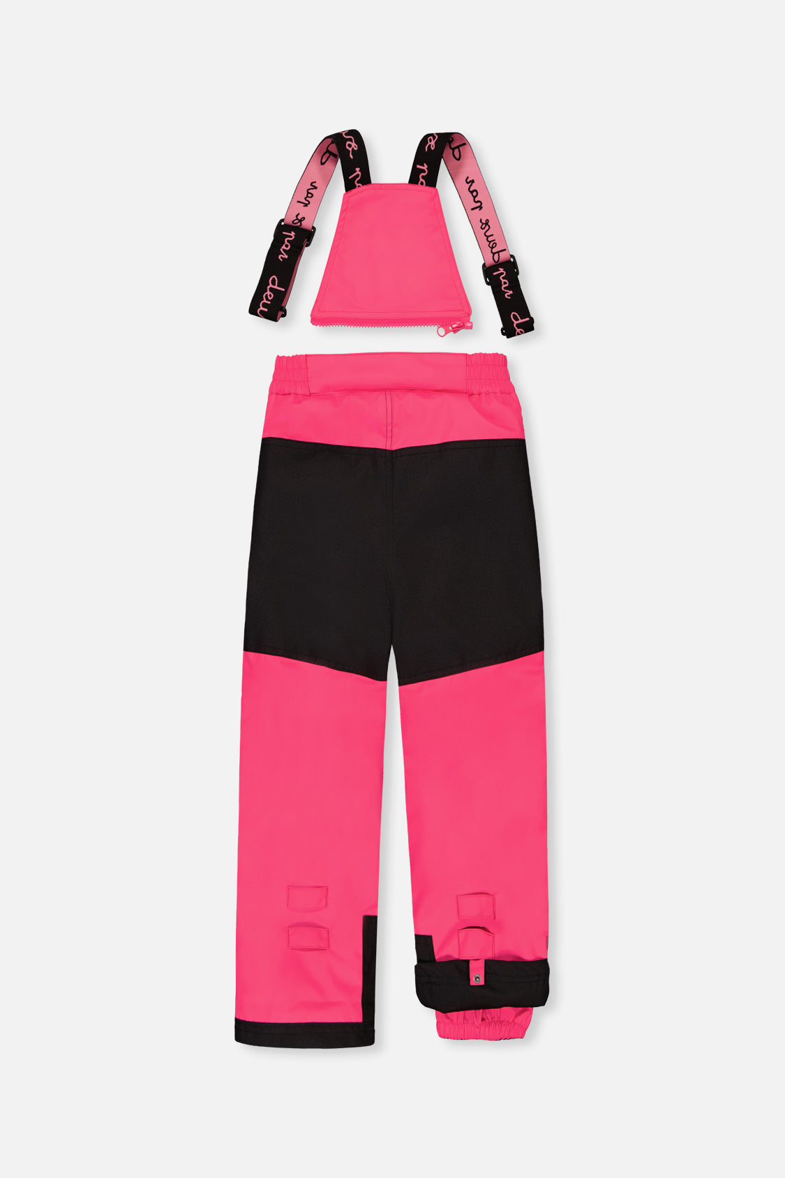 Deux par Deux pink PLAY bib snow pants with black reinforced seat, back view