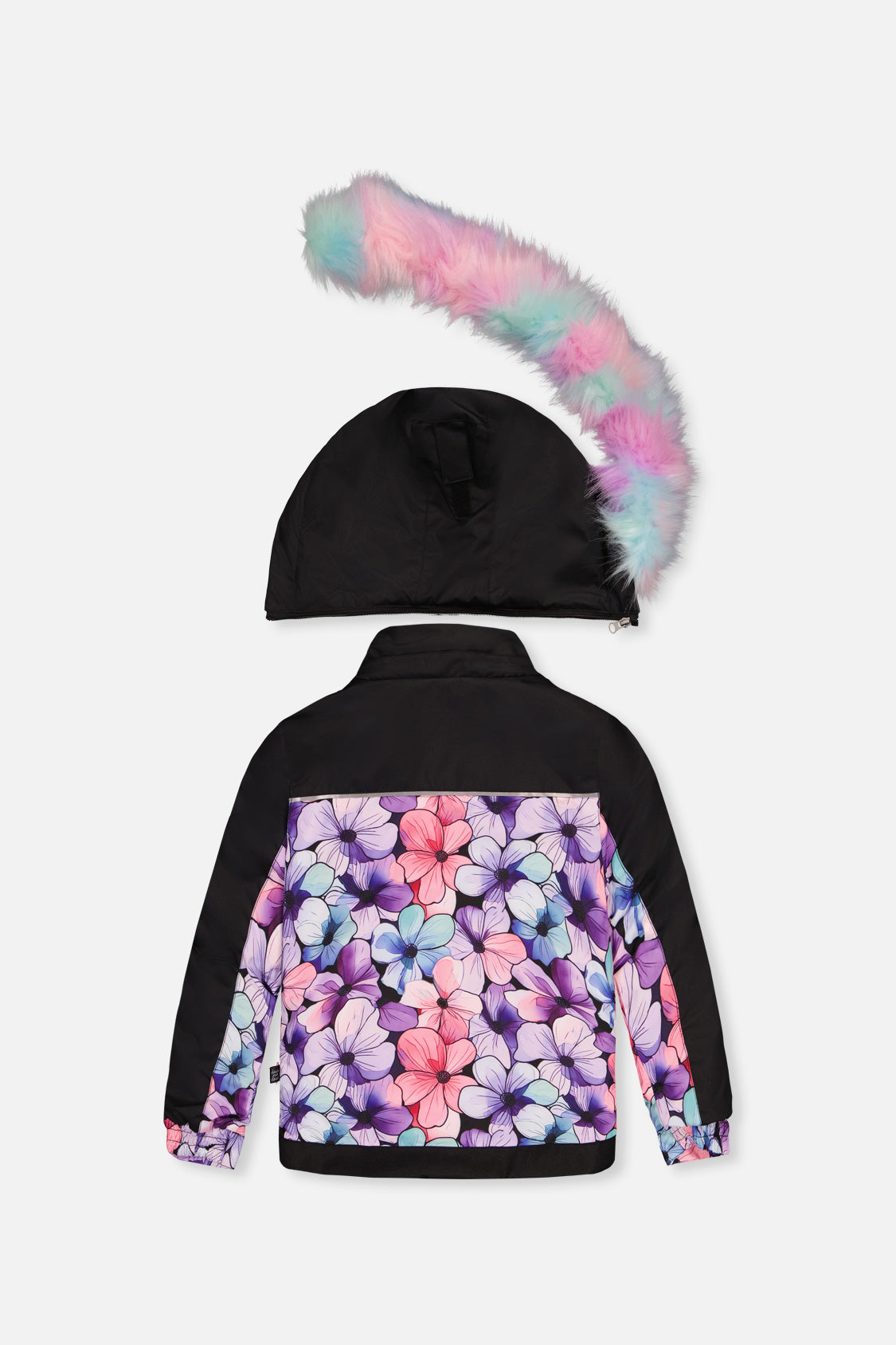 Back view of the purple floral PLAY jacket with pastel faux-fur hood