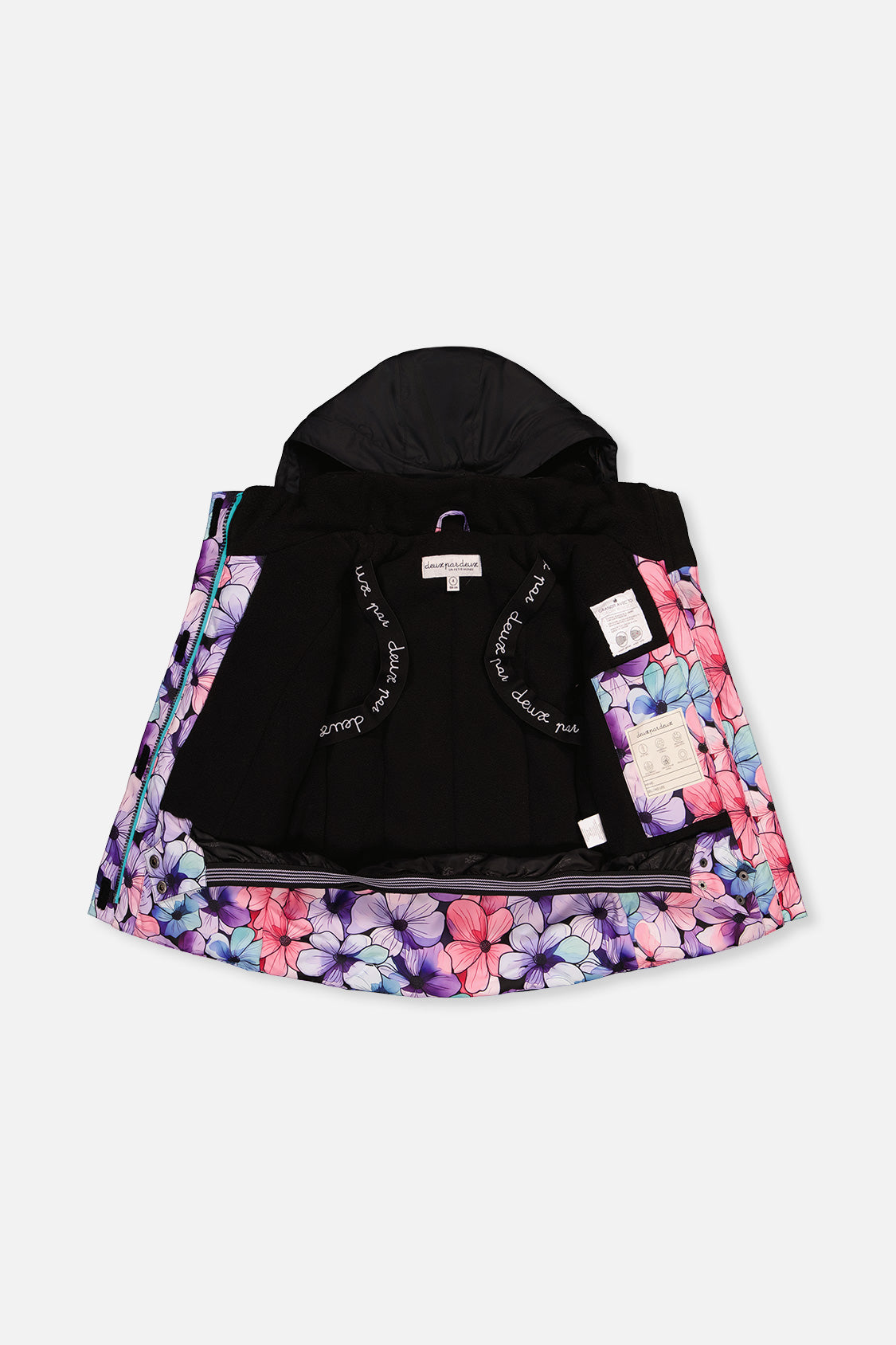 Purple floral PLAY jacket opened to show the black fleece lining