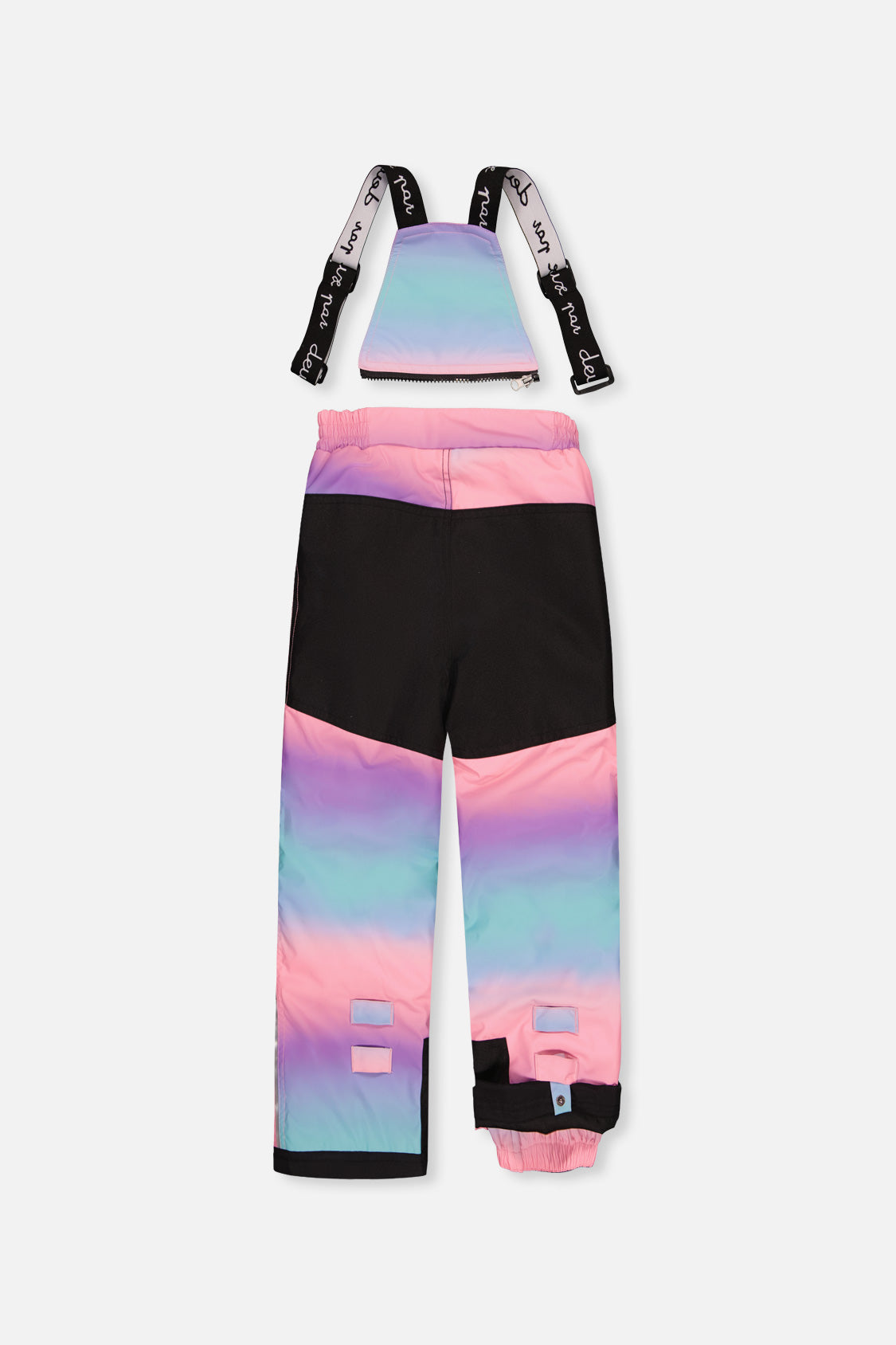 Back view of the gradient snow bib pants with black reinforced seat