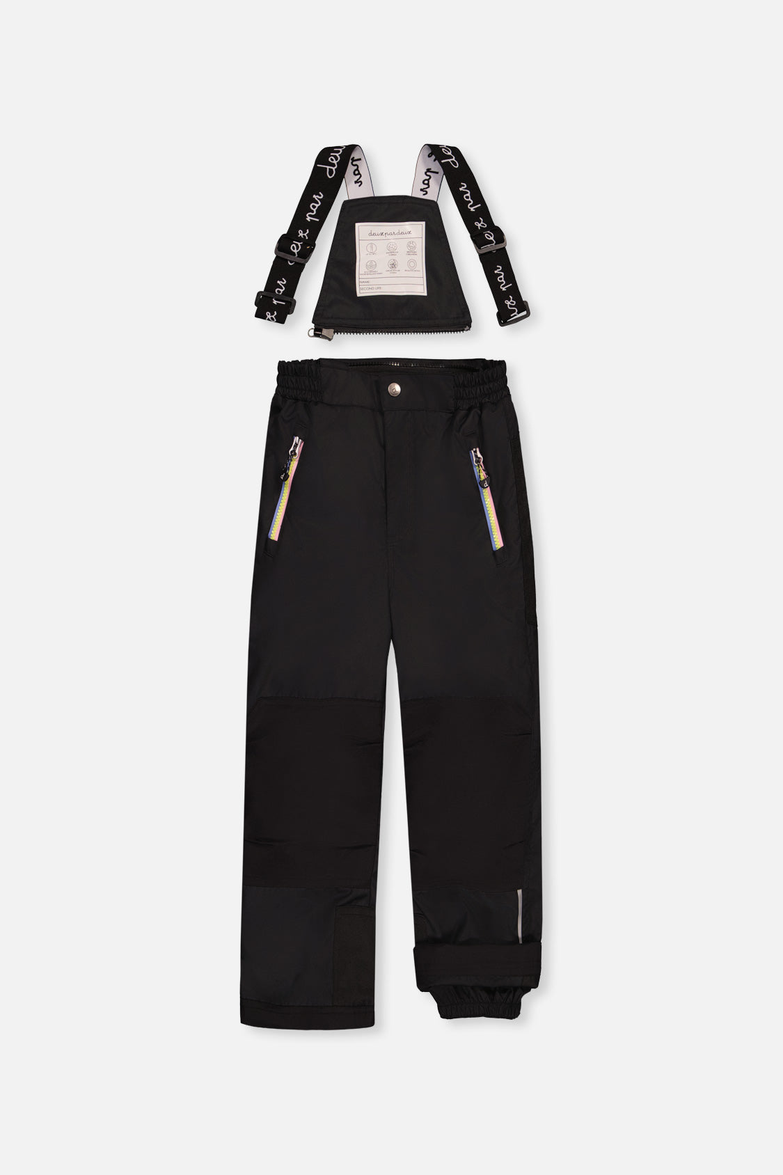 Black PLAY snow bib pants with reinforced knees, front view